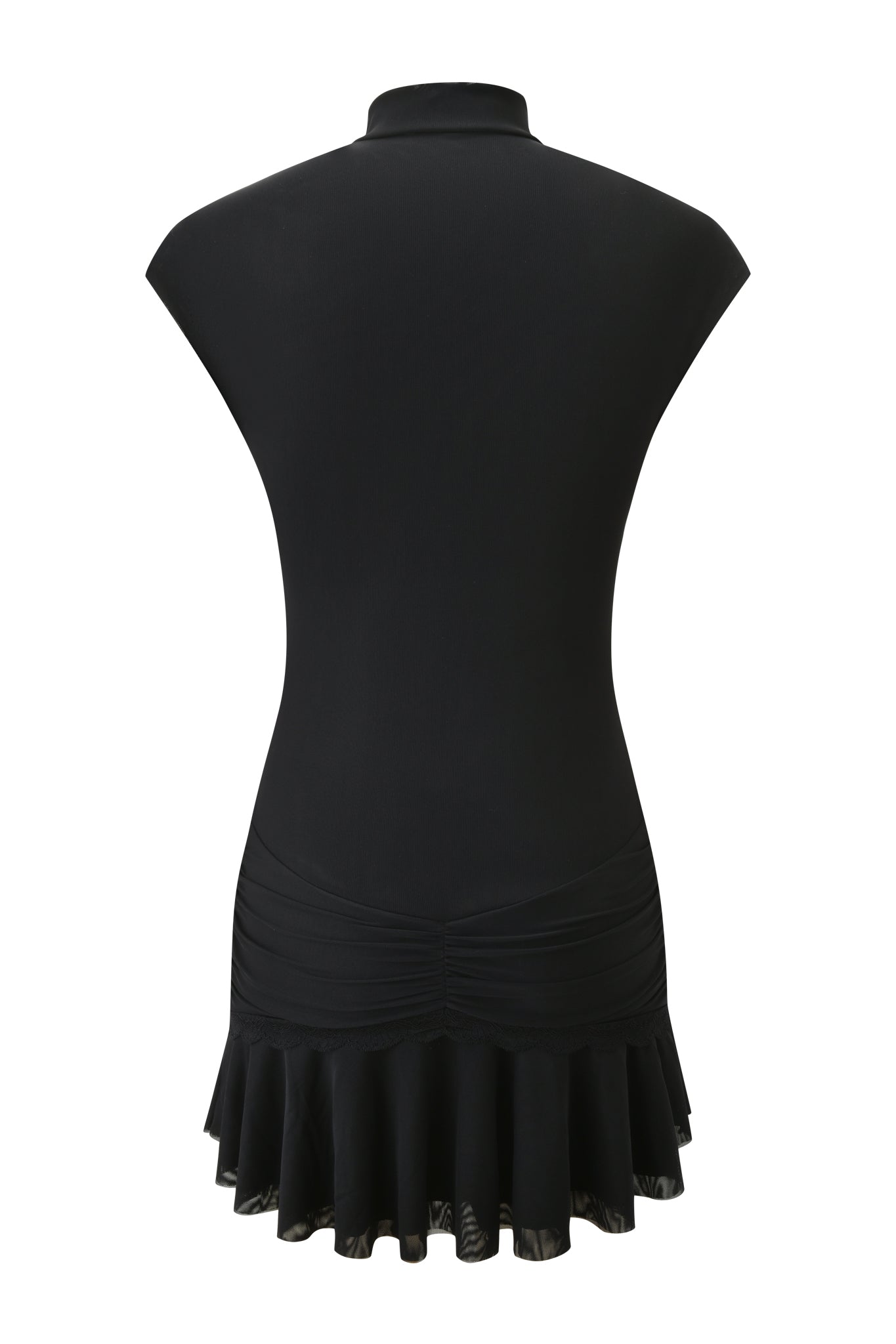 The I.AM.GIA ISELA MINI DRESS - BLACK features short sleeves, a fitted top, ruched lower back, and a flared ruffled hem. This sleek power mesh dress is perfect for dance or evening wear.