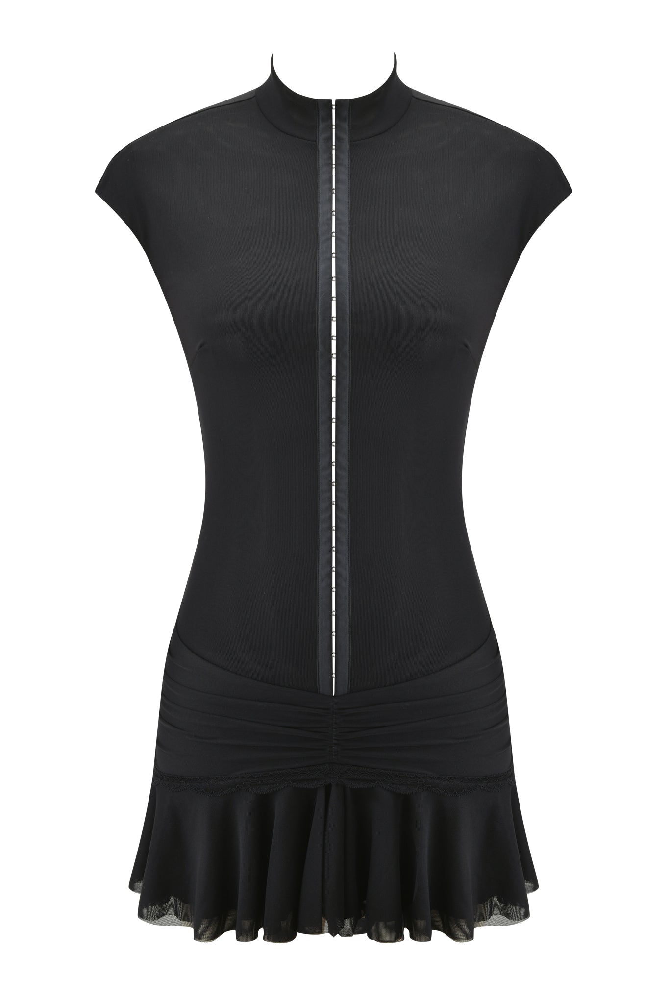 The I.AM.GIA ISELA MINI DRESS - BLACK is a fitted power mesh mini dress with short sleeves, high collar, vertical front zipper, ruched waist, and flared ruffled hem, shown on a plain white background.
