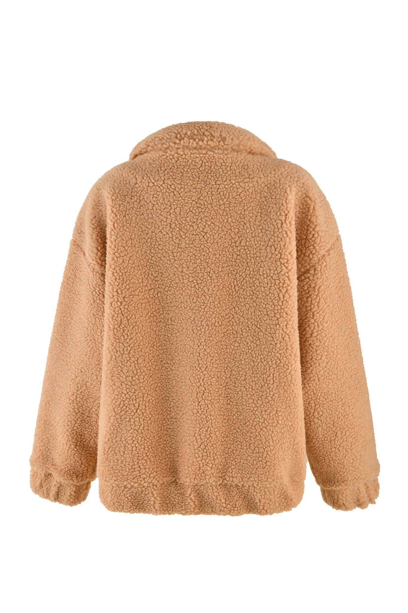 The PIXIE COAT - CARAMEL from I.AM.GIA is showcased from the back, featuring a tan-colored, long-sleeve design with fluffy sherpa material. The jacket has cozy, textured fleece with a relaxed fit, dropped shoulders, and an elasticated hem and cuffs.