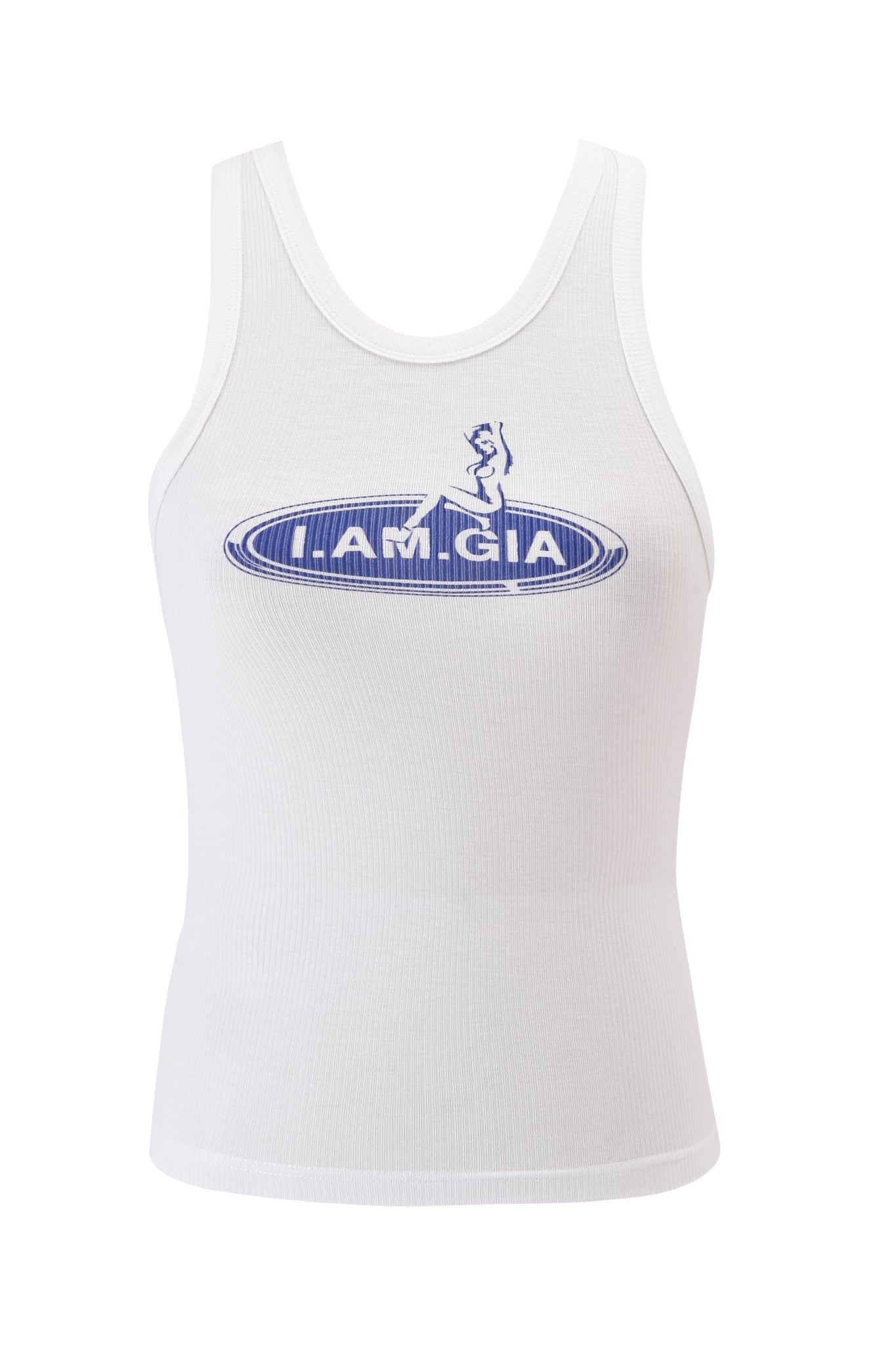 The PENELOPE TANK - GIA GIRL by I.AM.GIA is a white ribbed racer-style tank featuring an oval logo with a woman graphic and the text "I.AM.GIA" in blue on the front.