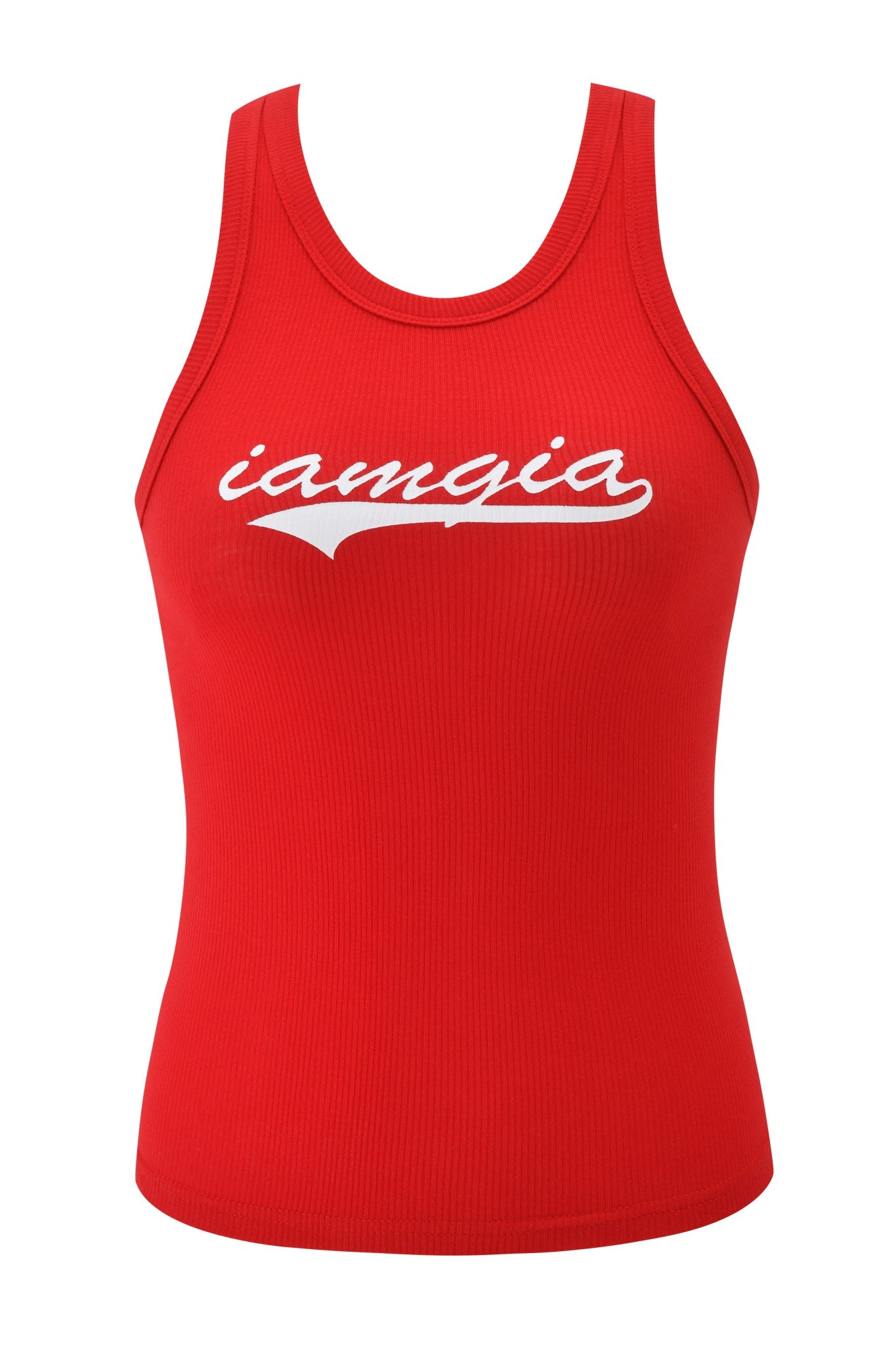 The PENELOPE TANK by I.AM.GIA is a sleeveless, ribbed racer tank featuring a scoop neckline and "gia" logo in white cursive across the chest, inspired by the original Penelope design.