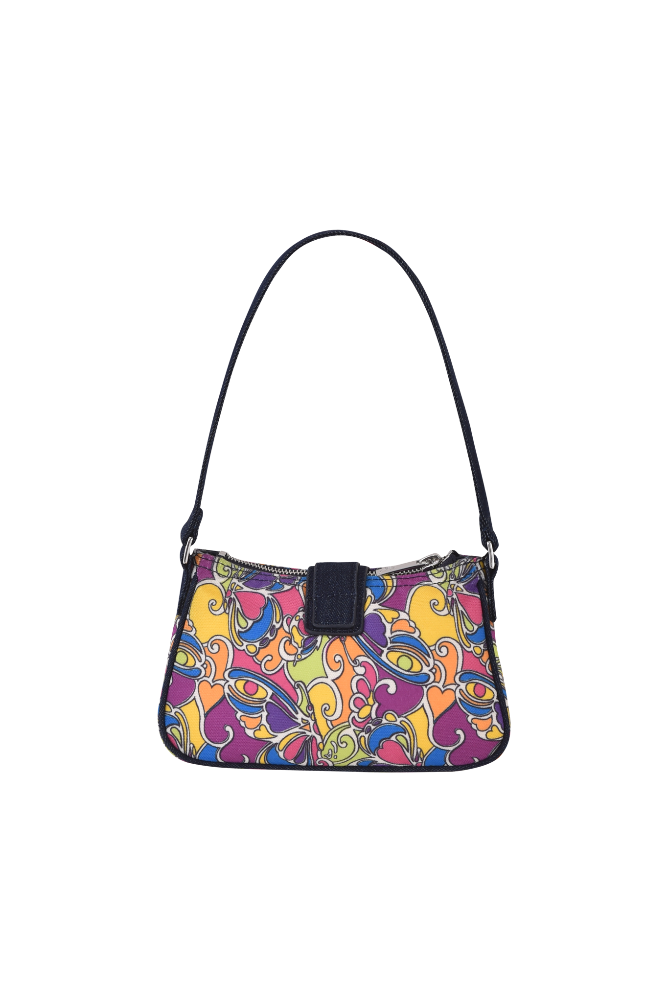 The I.AM.GIA LILLIA BAG - TROPICAL BUTTERFLY BLOOM features a short dark strap and a vibrant, abstract front design in yellow, pink, purple, and blue with tropical butterfly bloom-inspired stripes.