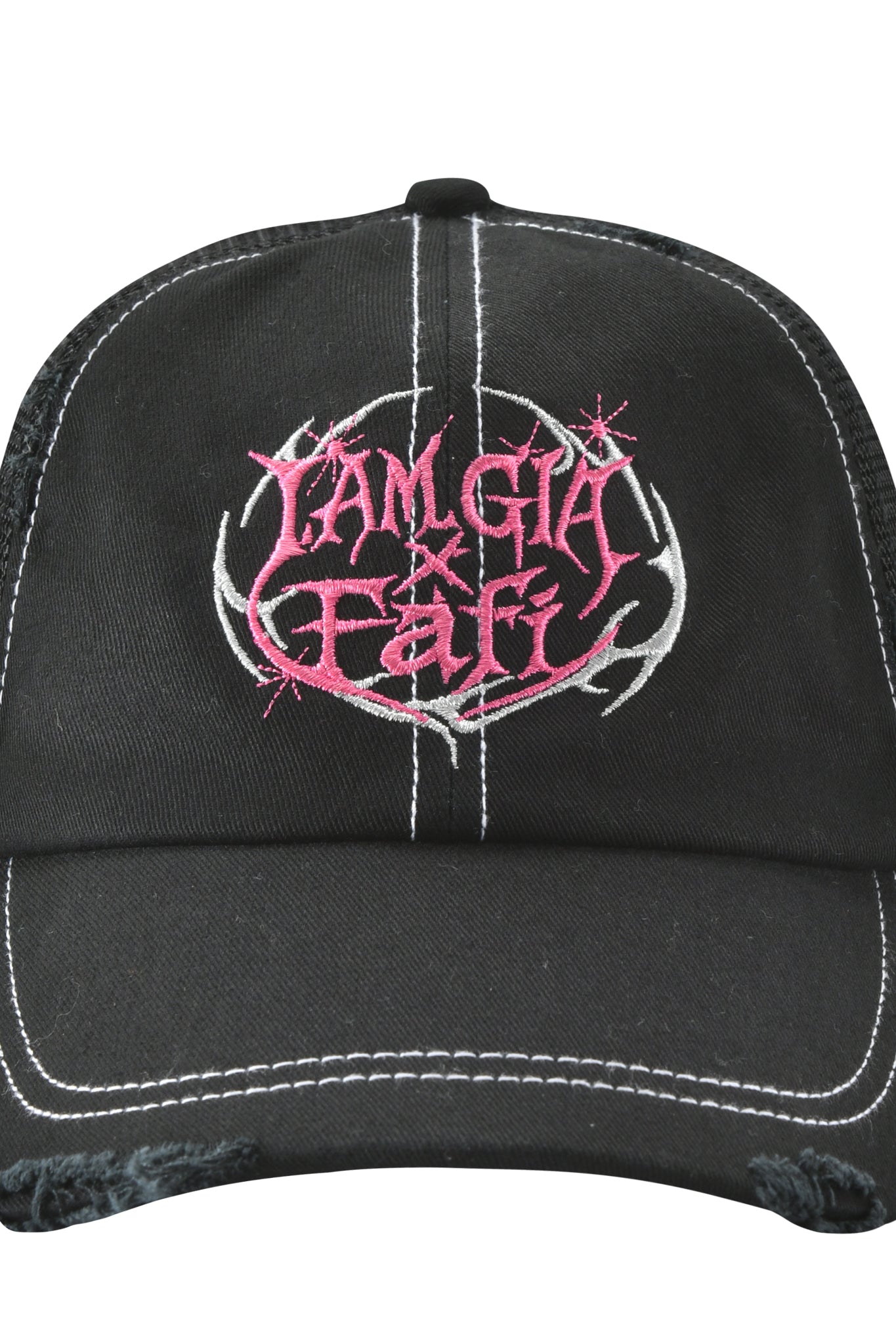 The FAFI HAT - BLACK by I.AM.GIA is a distressed black trucker hat with white stitching, featuring pink and white embroidered IAMGIA x FAFI branding and thorny circular graphics on the front.