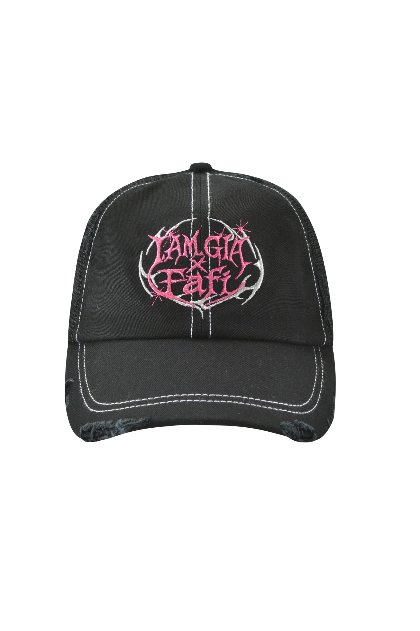 The I.AM.GIA FAFI HAT - BLACK is a distressed black trucker hat featuring white stitching and a pink and white "Family x Faith" graphic on the front.
