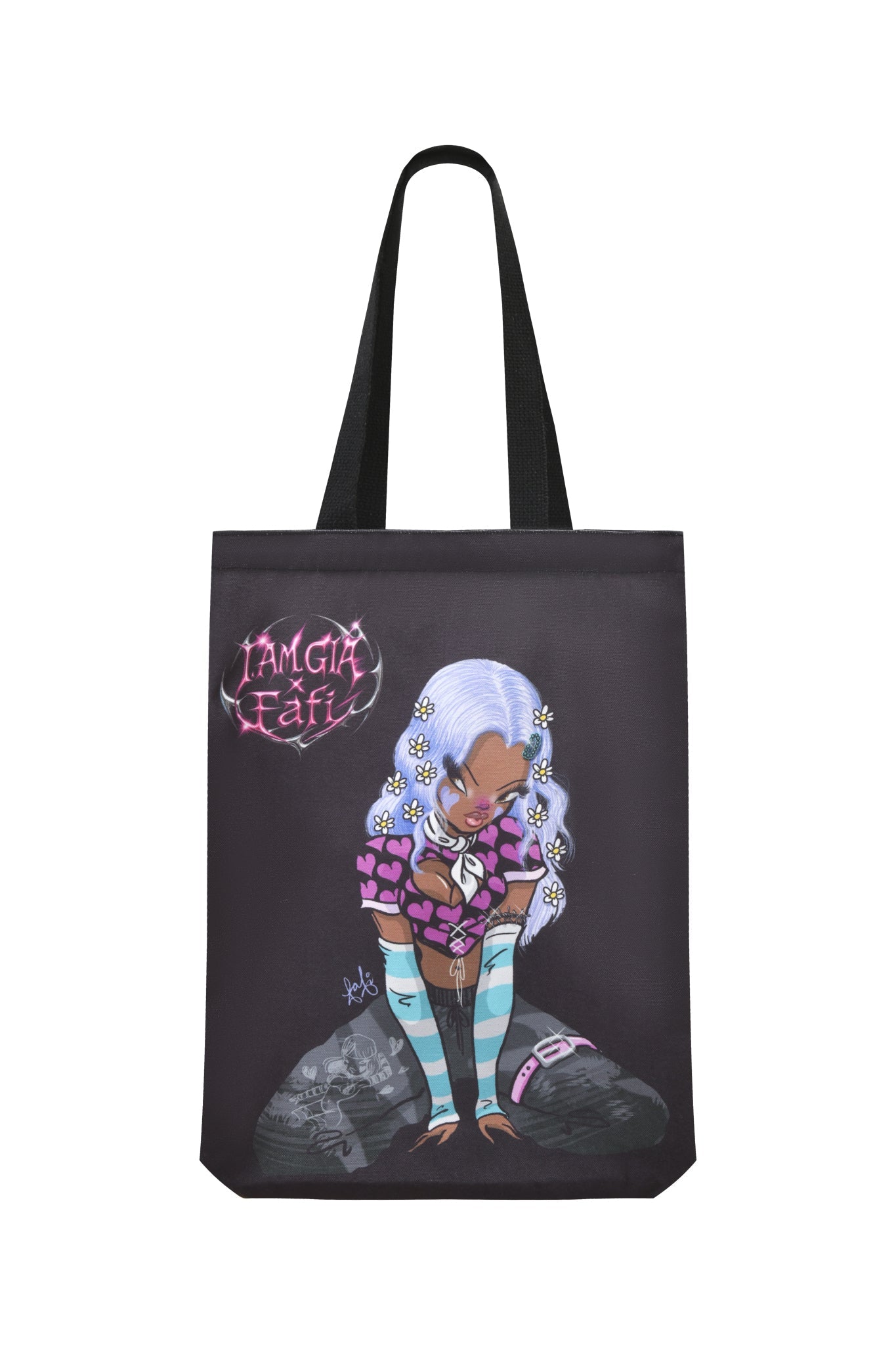 The FAFI TOTE BAG - BLACK by I.AM.GIA features a Fafi character with light blue hair, blue and white striped stockings, a pink-purple outfit, white flowers, rocks, and "Famiglia Fafil" in pink graffiti–a unique FAFI collaboration.