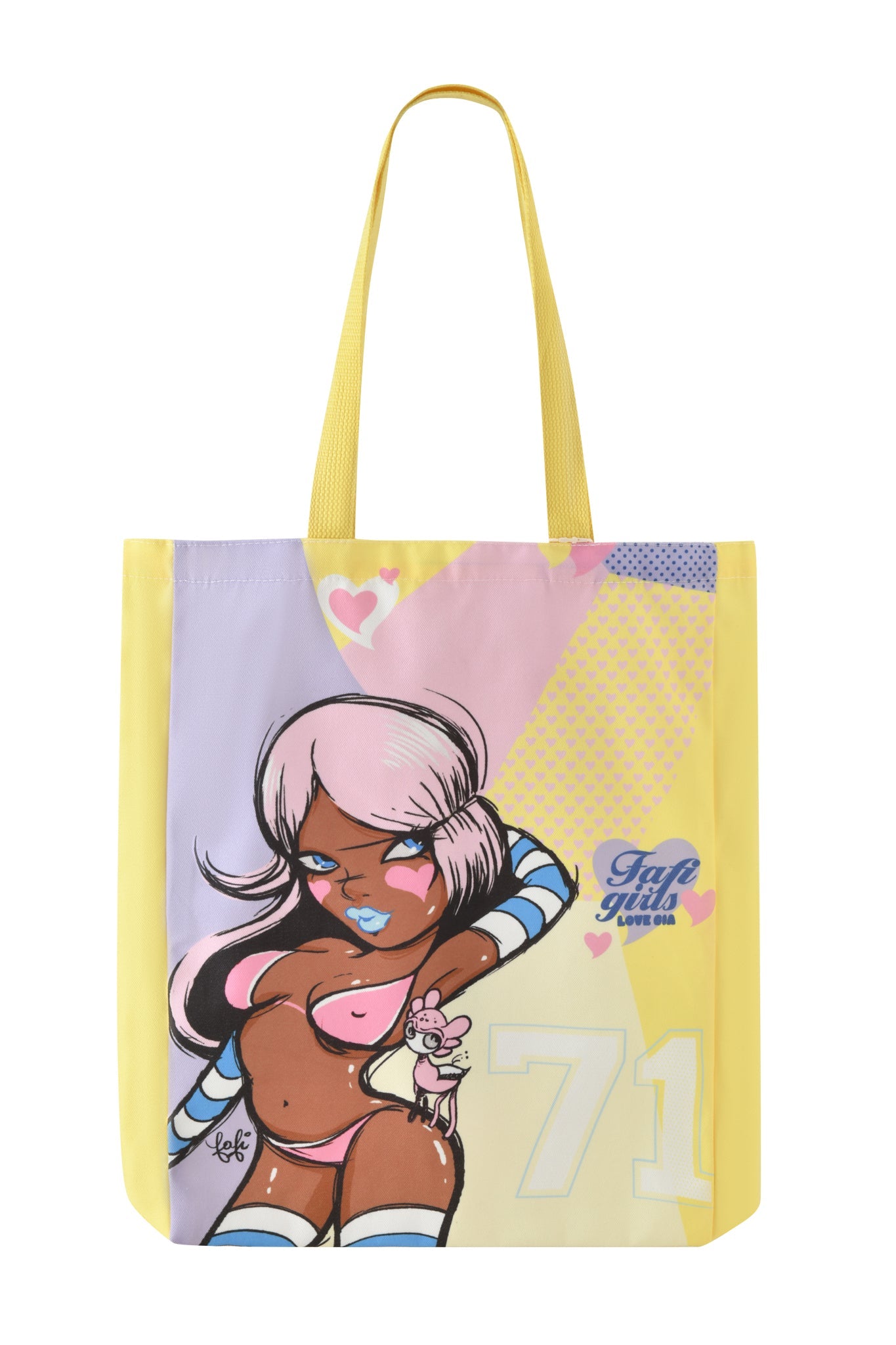 The FAFI TOTE BAG - YELLOW by I.AM.GIA features pastel panels, a cartoon Fafinettes girl with pink hair, blue eyeshadow, knee-high socks holding a doll, and displays “71” plus “Tafi Tafa Viera.”.