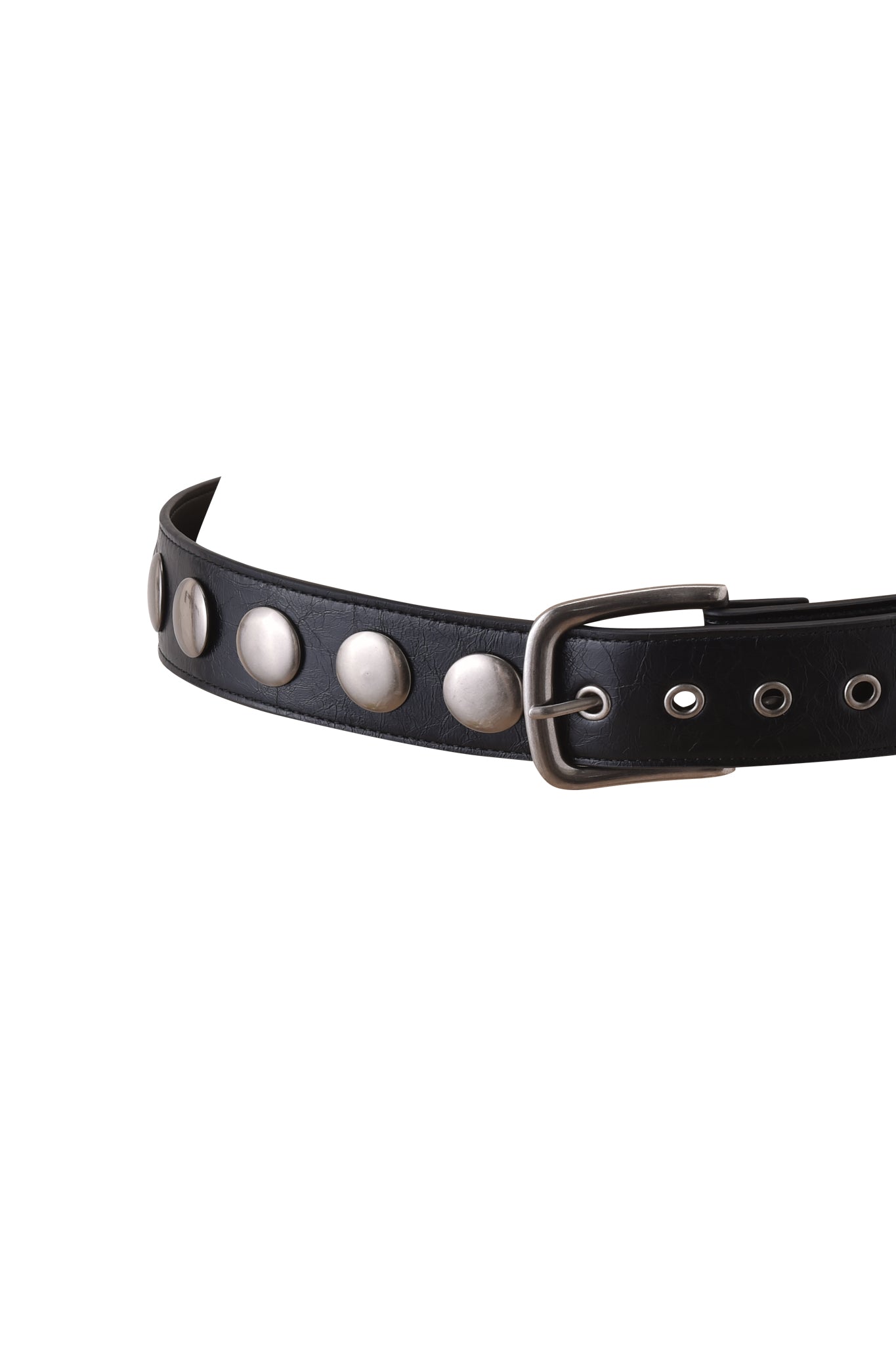 The IRINIE STUDDED BELT - BLACK by I.AM.GIA features large round silver studs and a silver buckle on black faux leather, shown against a white background.