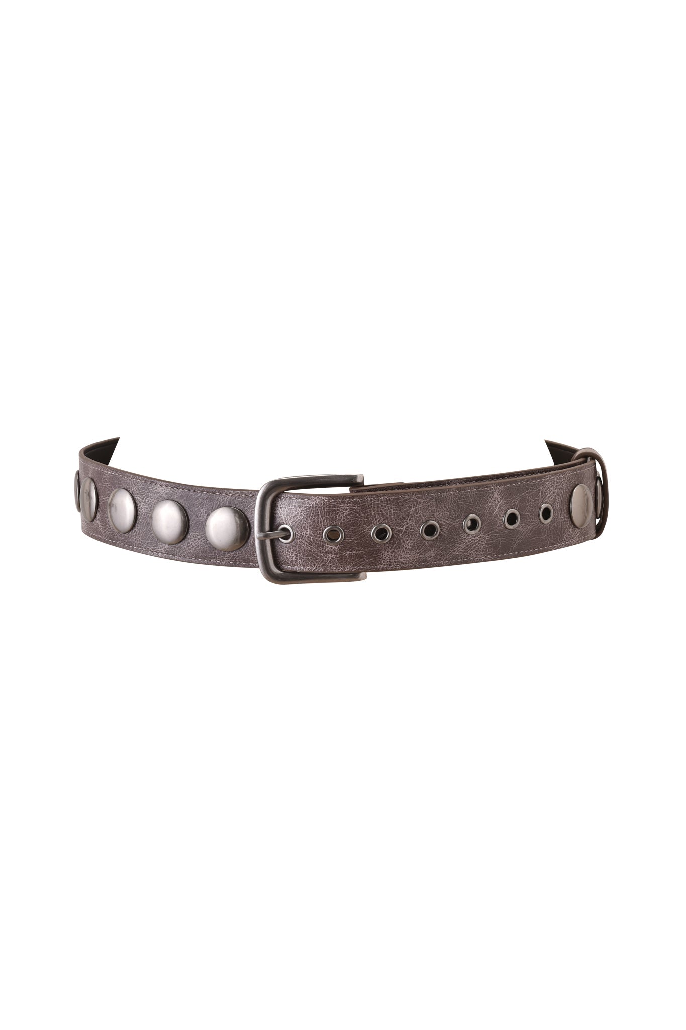 The IRINIE STUDDED BELT - MUSHROOM by I.AM.GIA is a dark brown belt featuring large round silver studs, a metal buckle, and multiple grommet holes for adjustable fit.