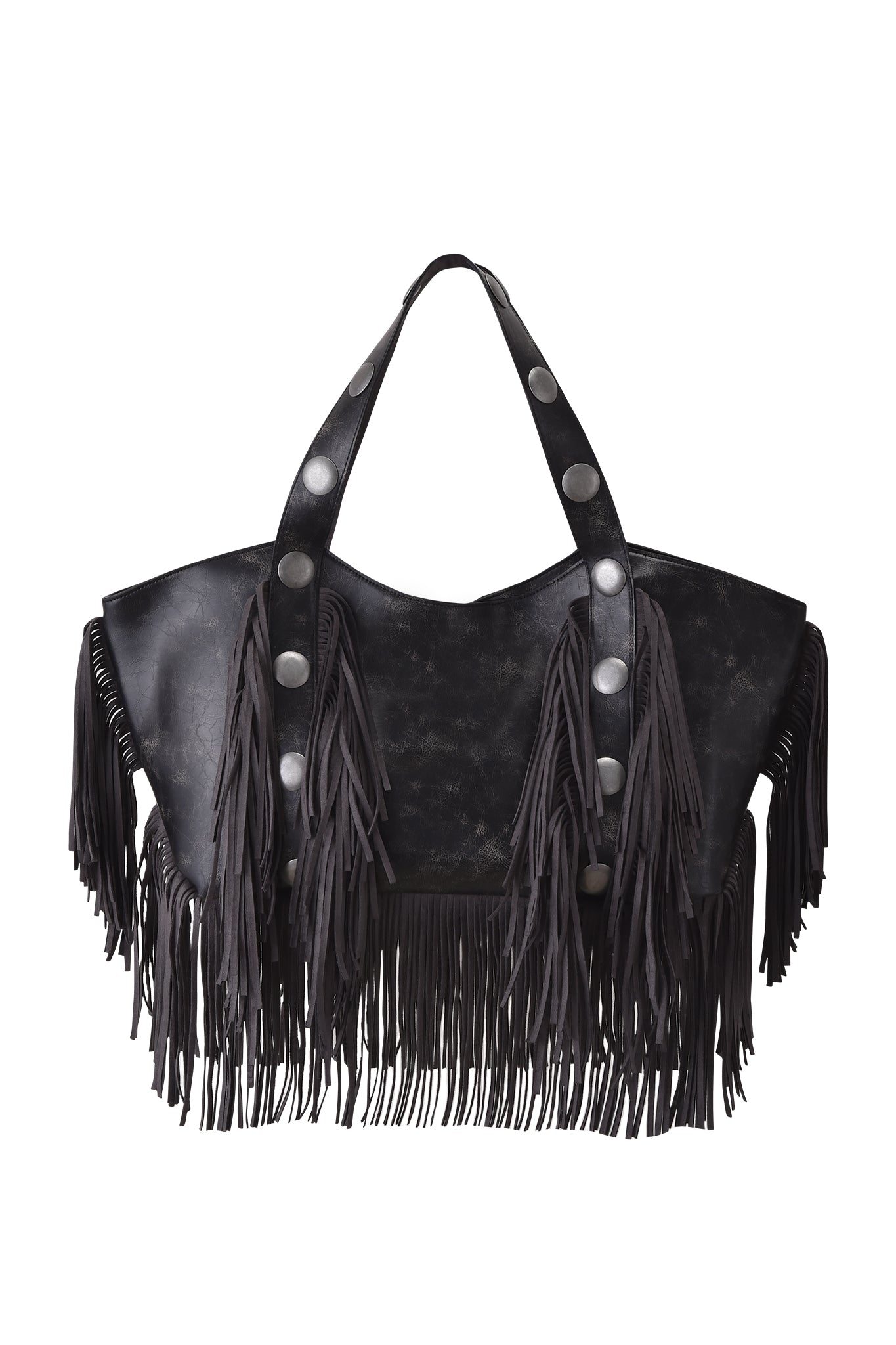 The I.AM.GIA CHROMA FRINGE BAG - BLACK is a large distressed black tote in oversized PU leather with long fringe on the sides and bottom. Two handles are decorated with bold, oversized silver studs.