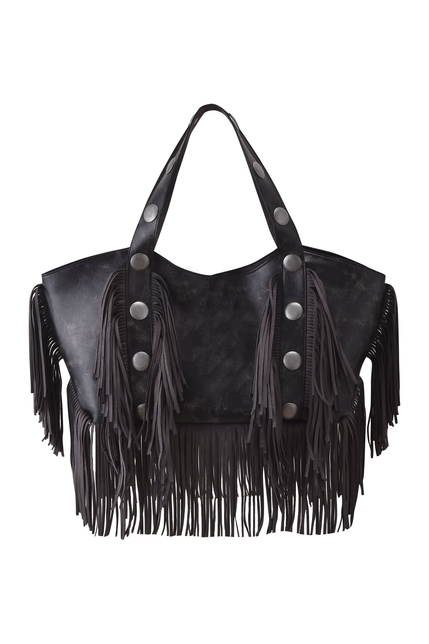The CHROMA FRINGE BAG - BLACK by I.AM.GIA is a distressed black faux leather bag with long side and bottom fringe, plus two handles decorated with large silver studs.