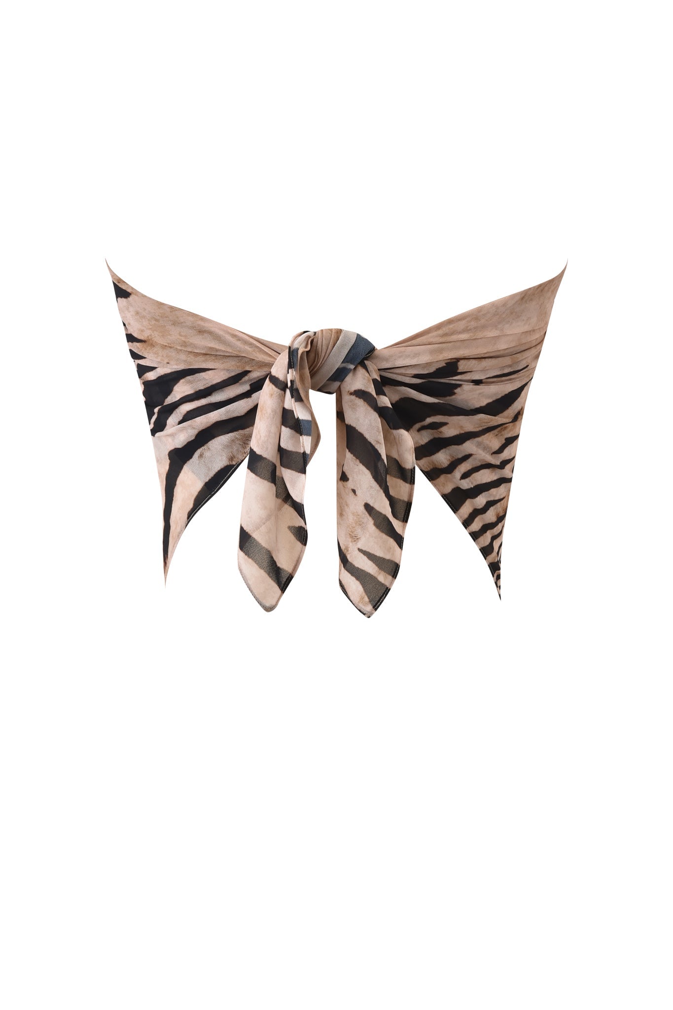 The I.AM.GIA ALLUNA MULTI-WEAR TASSEL SCARF - WILD SIDE features a beige and black zebra print, styled in a simple knot at the center against a white background.