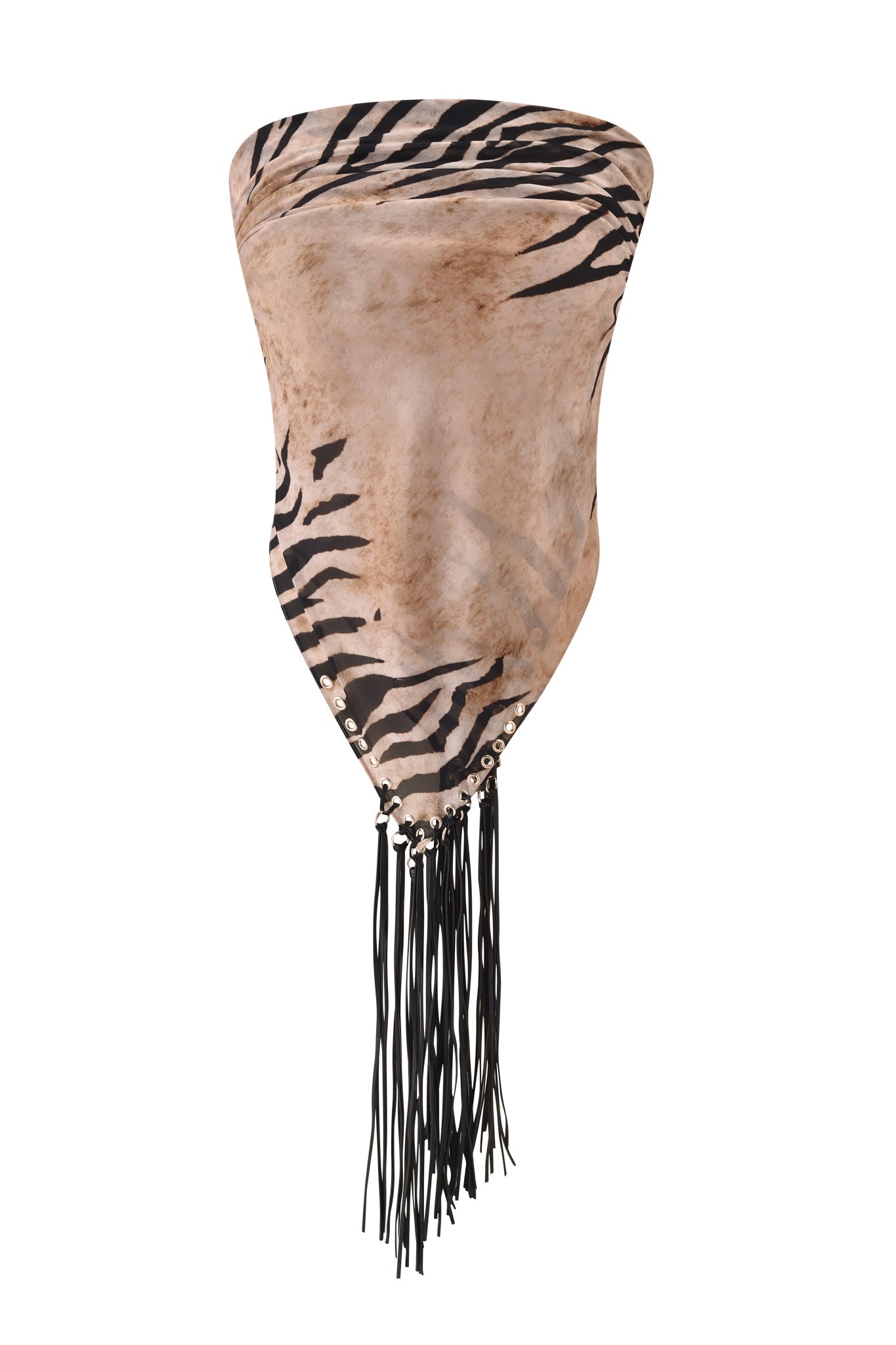 The ALLUNA MULTI-WEAR TASSEL SCARF - WILD SIDE by I.AM.GIA features a brown and black animal print, pointed hem, metallic ring accents, and black tassel fringe, all crafted from luxe vegan suede.