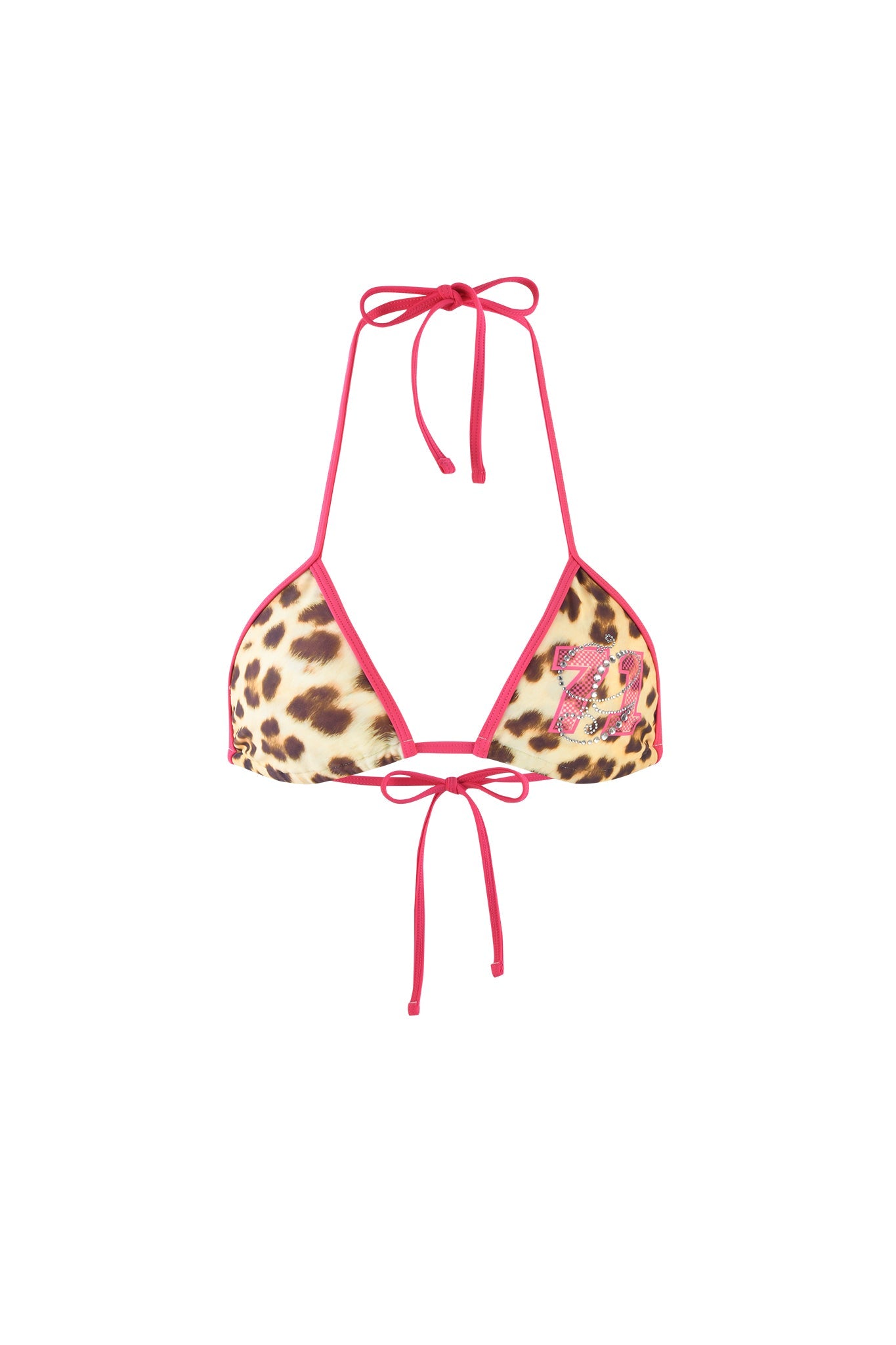 The CORDELIA BIKINI TOP - NEUTRAL : LEOPARD : WILDCARD from I.AM.GIA is a leopard print bikini top with hot pink trim. It features triangular cups with pink ties at the top and bottom for fastening around the neck and back, and includes a small pink and white label on the left cup.