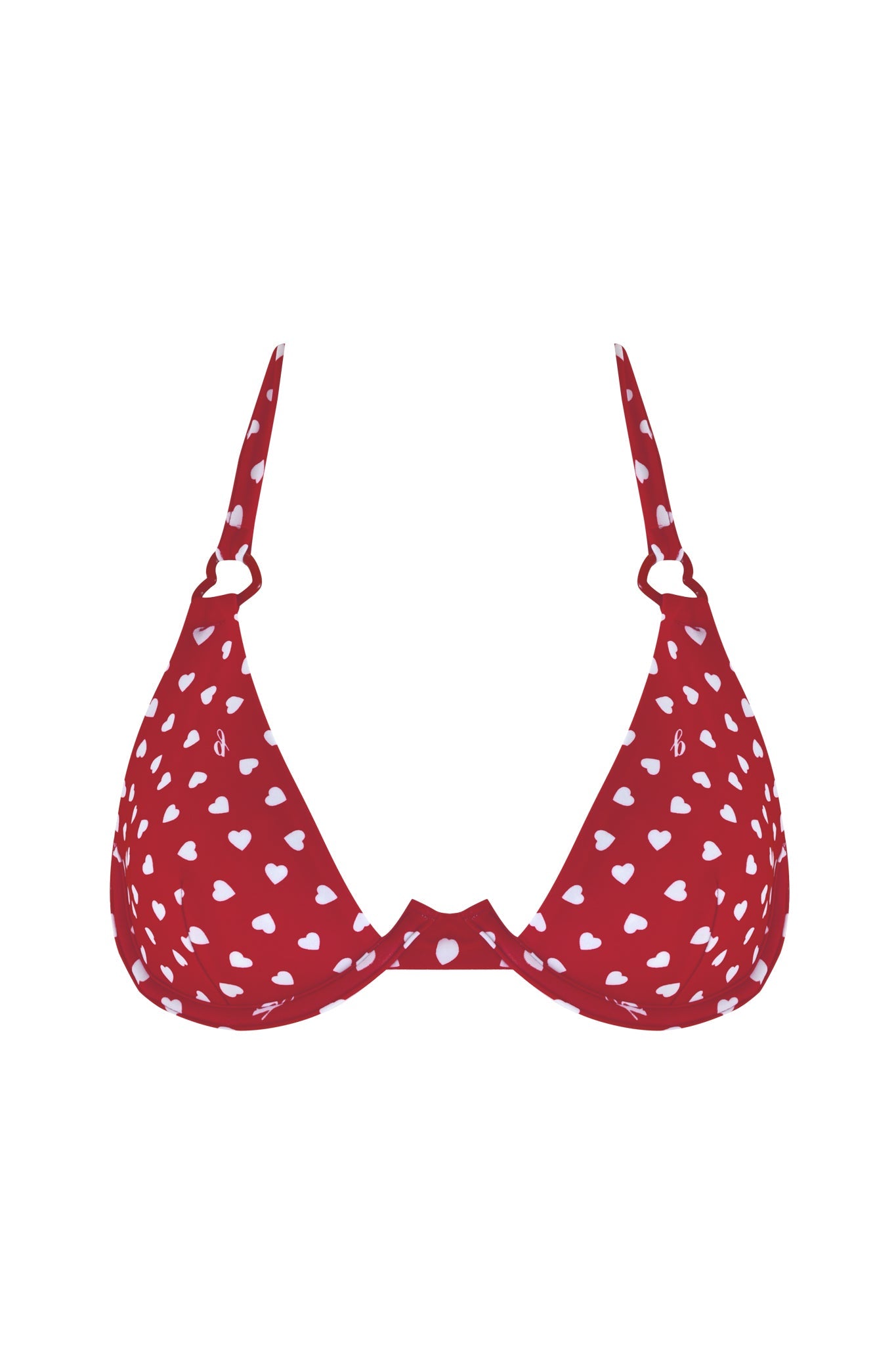 I.AM.GIA's VALENTINA BIKINI TOP in RED HEARTBEAT features a red heart print with thin straps and a central clasp.