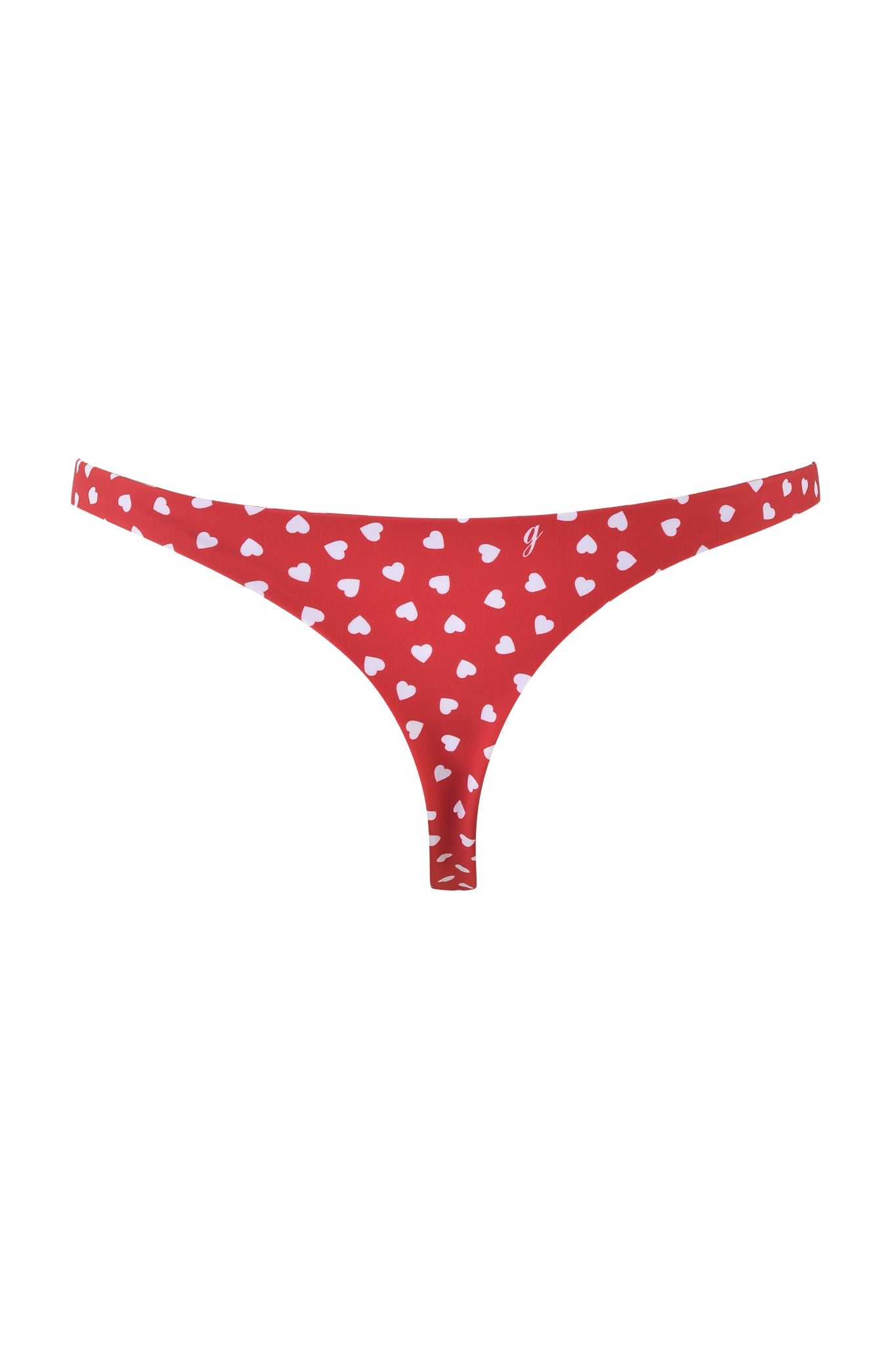 The VALENTINA BIKINI BOTTOM - RED: RED HEARTBEAT from I.AM.GIA features thong-style underwear with a charming design of small white hearts printed all over against a red background, showcasing its playful style against a plain white background.