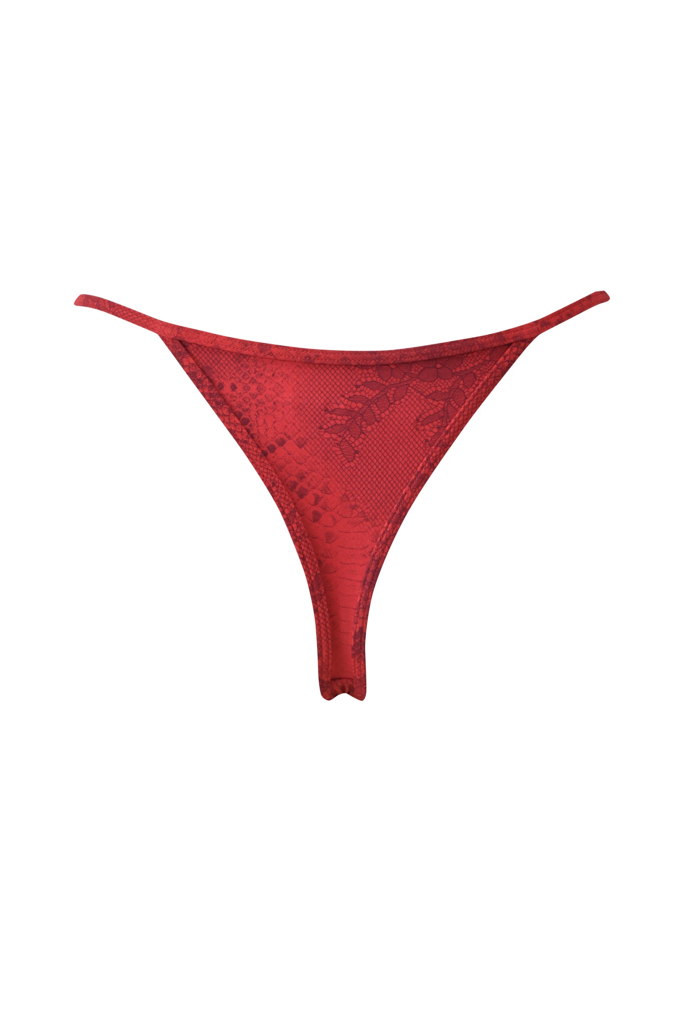 AVA BIKINI BOTTOM - RED SERPENTINE by I.AM.GIA: Red serpentine print G-string bikini bottoms with slim side straps, shown against a white background.