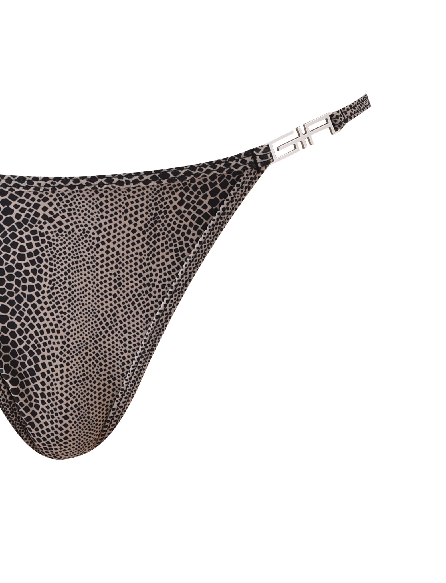 Close-up of the I.AM.GIA AVA BIKINI BOTTOM - SERPICO, showcasing its snake print and a metallic decorative buckle on the thin side strap, set against a white background.