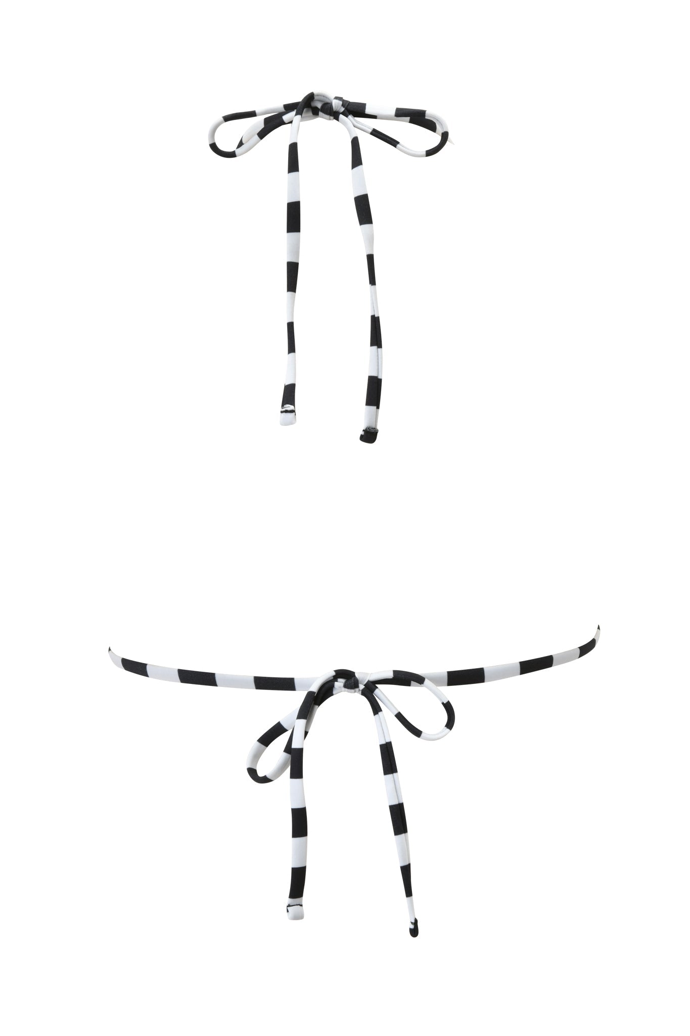 The I.AM.GIA AURETTE REVERSIBLE BIKINI TOP in Jailbird Stripe is a black and white checkered triangle bikini top with bow ties, made from slinky swim fabric, shown on a white background.