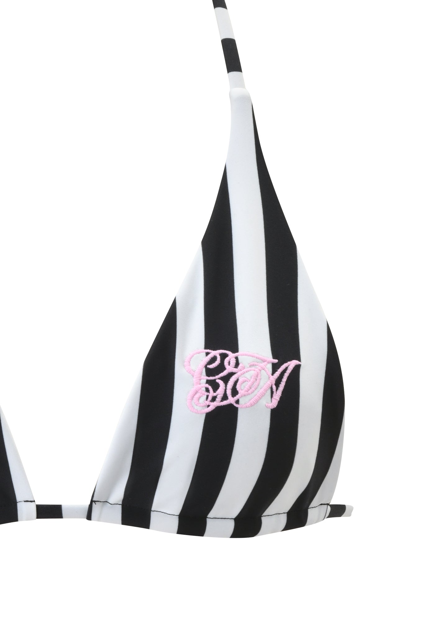 The AURETTE REVERSIBLE BIKINI TOP - JAILBIRD STRIPE by I.AM.GIA features black and white vertical stripes, thin straps, slinky swim fabric, and pink "GA" embroidered script on one cup.