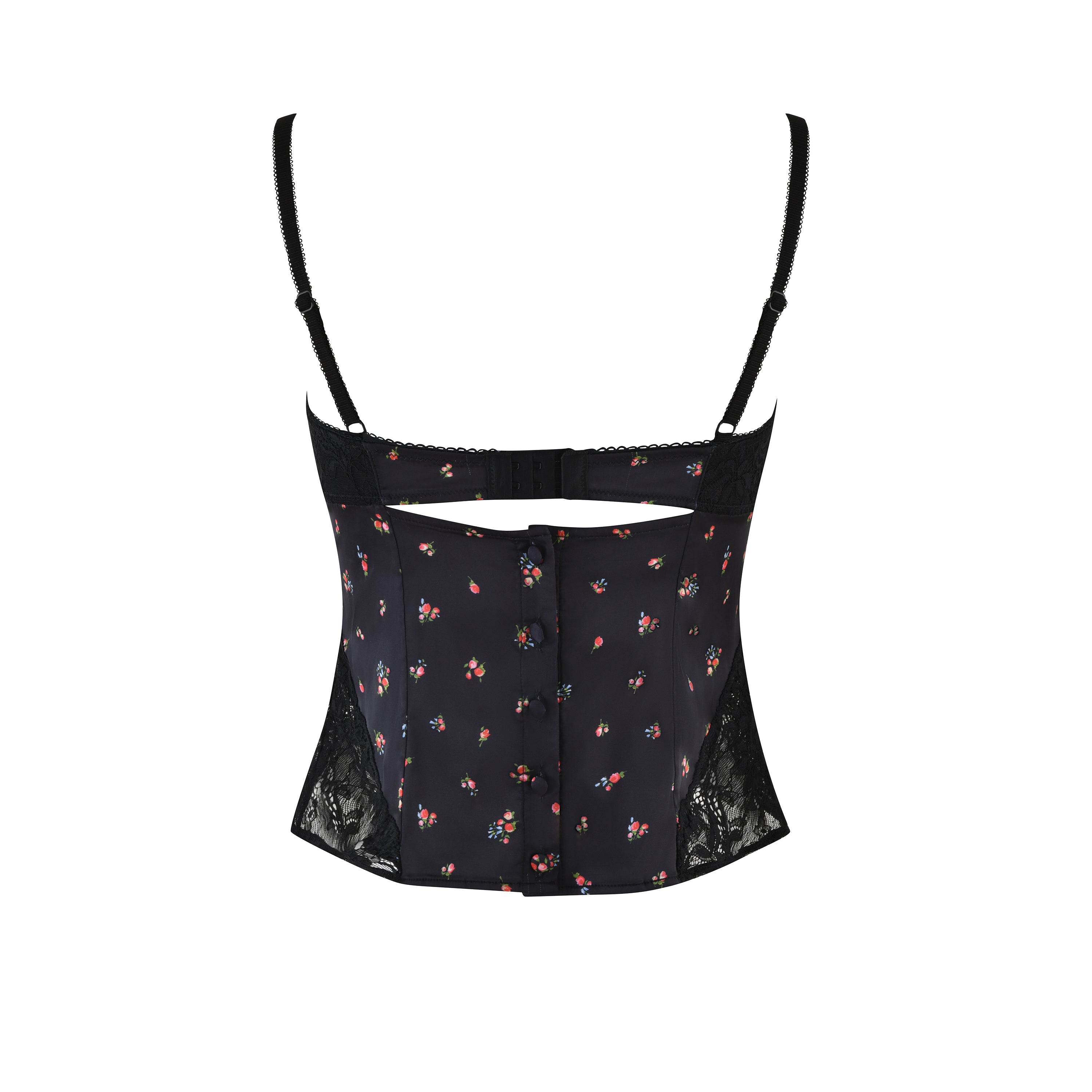 Discover the LUELLA CAMI TOP by I.AM.GIA, a vintage-inspired piece in DITSY FLORAL with a black corset design. It features adjustable straps, lace side panels, and a hook-and-eye closure for an ideal fit.