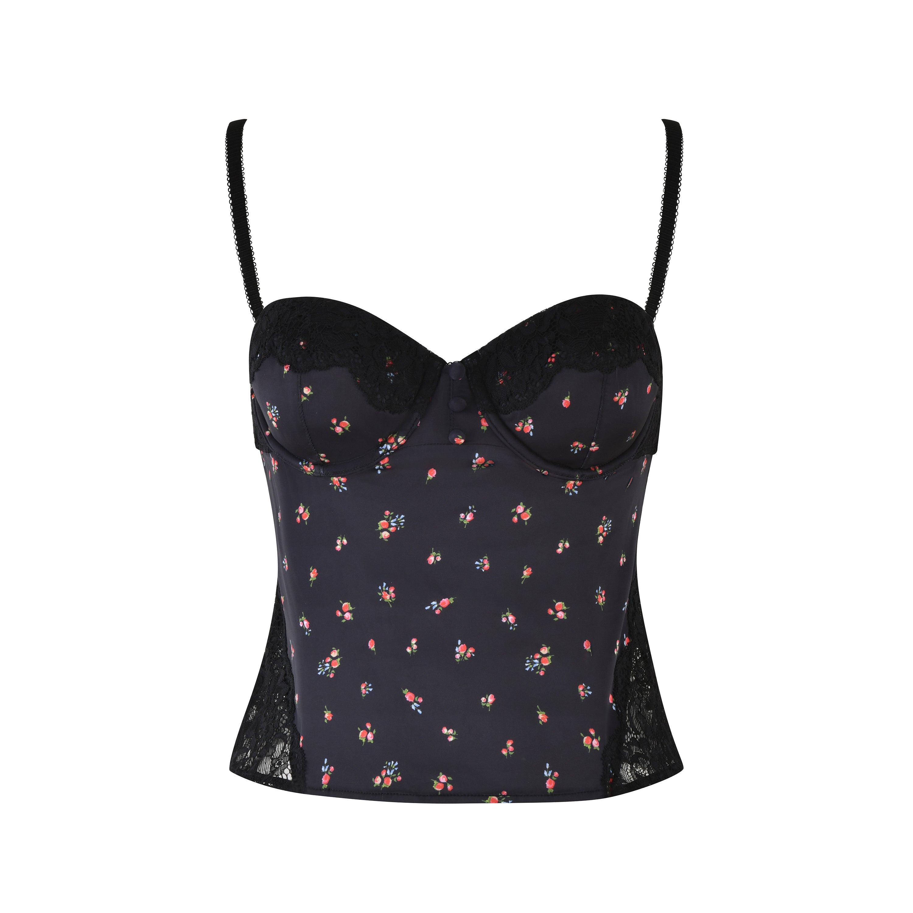 The LUELLA CAMI TOP - BLACK : DITSY FLORAL by I.AM.GIA is a vintage-inspired black bustier cami, featuring floral patterns and lace paneling on the sides and cups. It has adjustable straps and a flattering fitted silhouette.