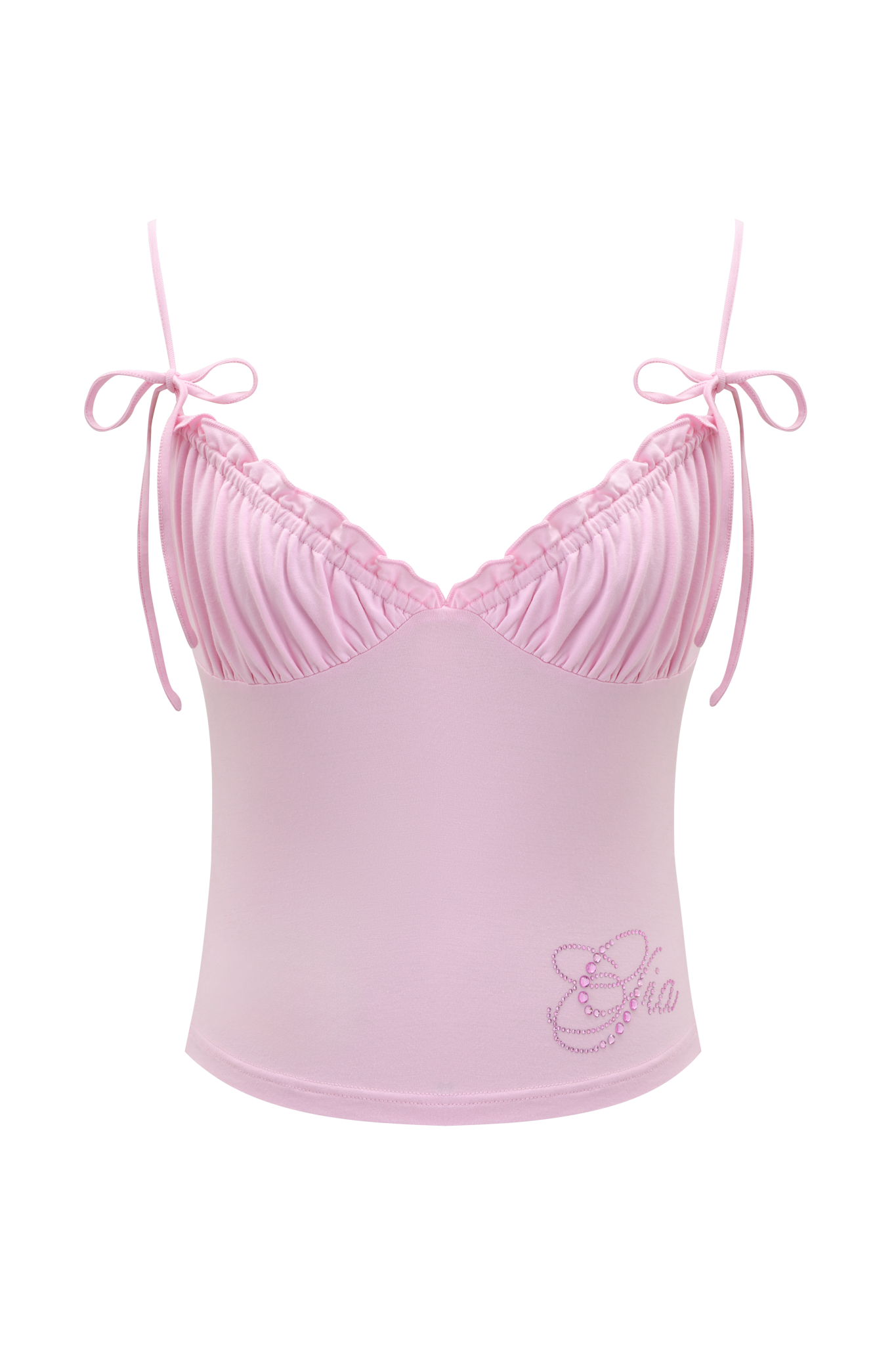 The MELANIE CAMI - PINK by I.AM.GIA features ruched cups, bow-tied thin straps, a small decorative detail near the hem, and an adjustable bust for comfort.