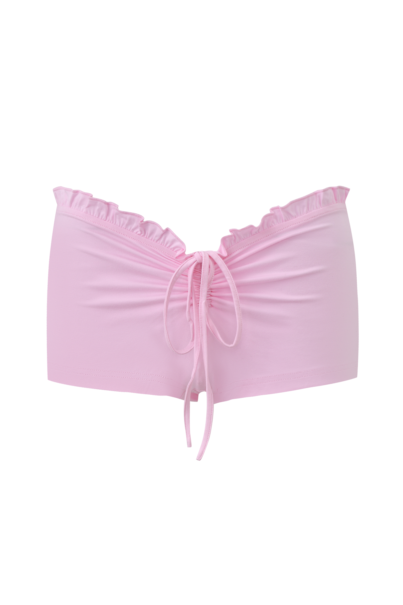The MELANIE SHORT - PINK by I.AM.GIA features light pink semi-sheer bamboo jersey, a ruffled waistband, a front tie bow, and a keyhole cutout detail below the tie, shown against a plain background.