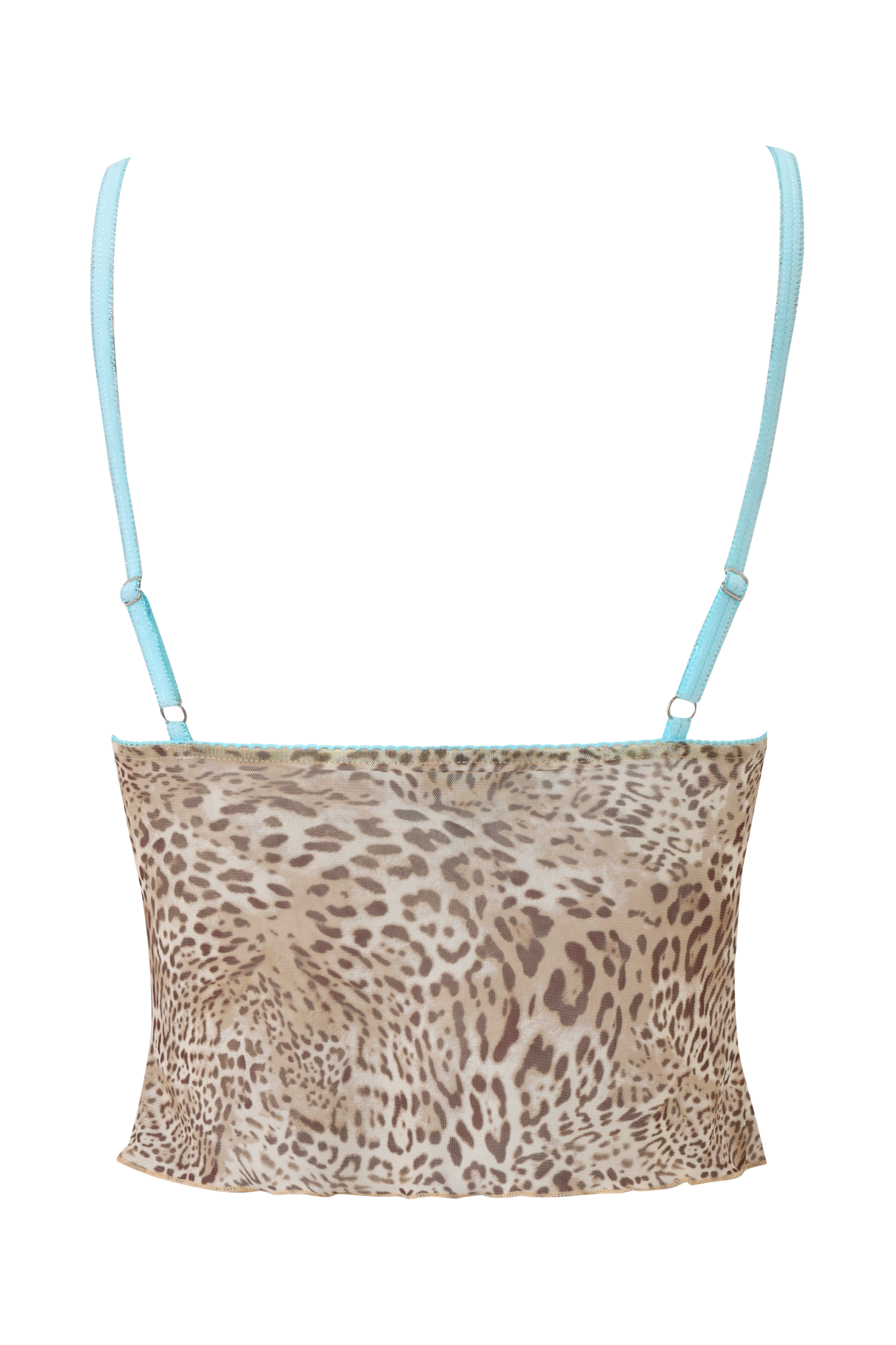 The TASHA TOP - LEOPARD LIMBO by I.AM.GIA features a leopard print mesh, thin light blue adjustable straps, and delicate aqua lace trim, shown against a plain background.