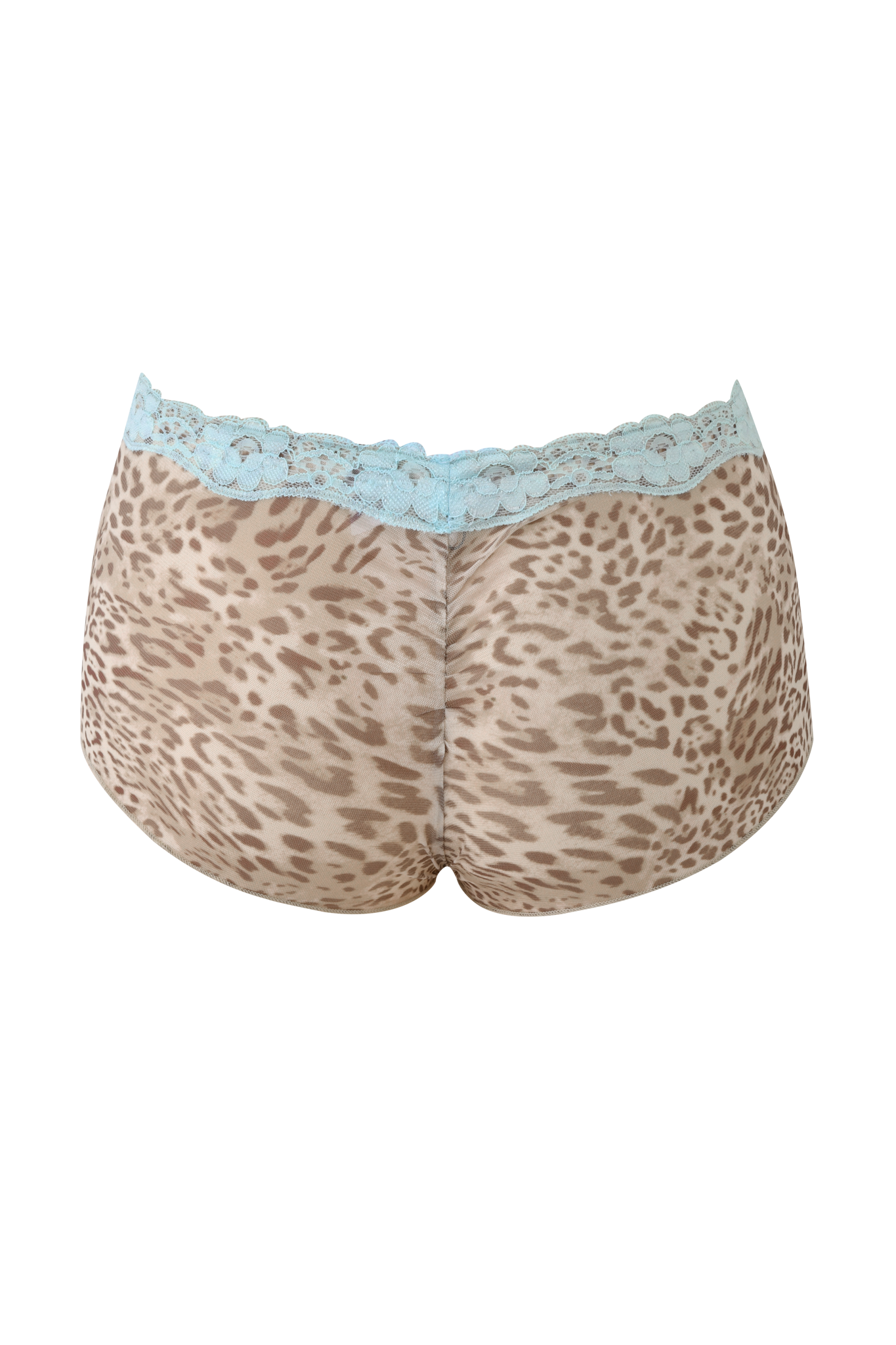 The I.AM.GIA TASHA SHORT - LEOPARD LIMBO is a women’s hot short featuring a beige and brown leopard print and light blue lace trim at the low-rise waist, shown on a plain background.