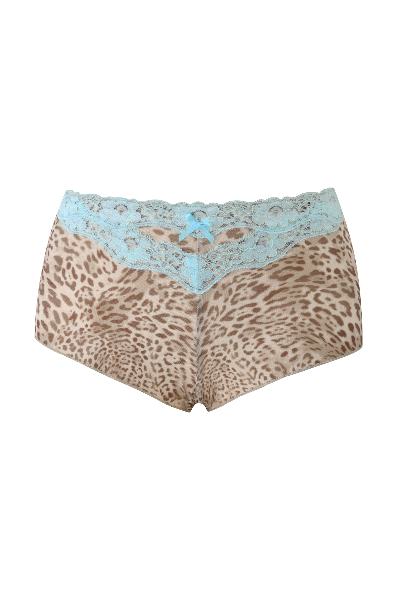 The I.AM.GIA TASHA SHORT - LEOPARD LIMBO features leopard print, a stylish blue lace waistband, and a small blue front bow. These flattering low-rise hot shorts for women are displayed against a neutral background.