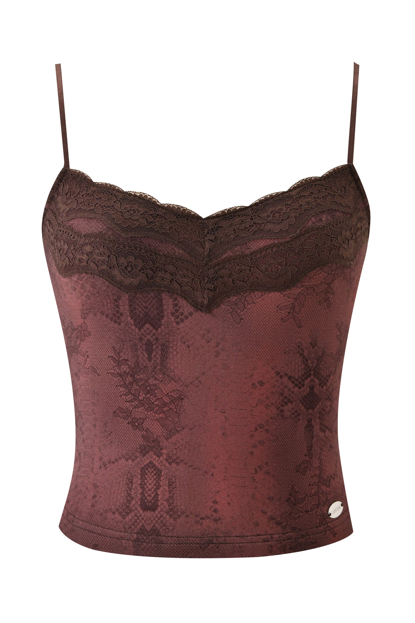 The BEAU TOP - BROWN by I.AM.GIA is a sleeveless camisole featuring thin spaghetti straps, lace-trimmed neckline, and a subtle snakeskin print inspired by the brand’s jersey collection.