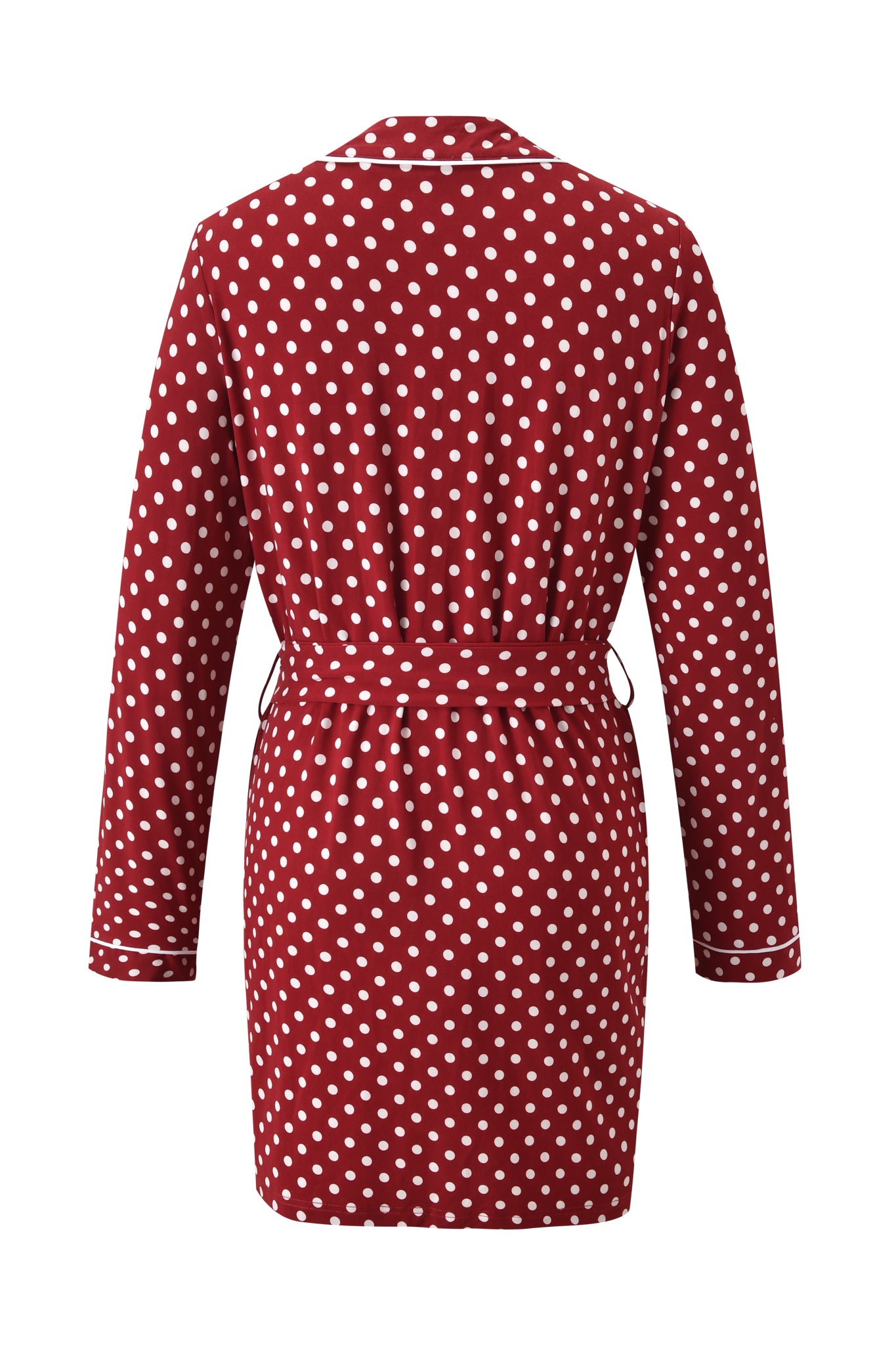 The I.AM.GIA MELANIE SLEEPWEAR - RED POLKA DOT is a red long-sleeve robe with playful polka dots, belted waist, and white-trimmed cuffs, shown from the back—perfect for pairing with an eye mask for a cozy set.