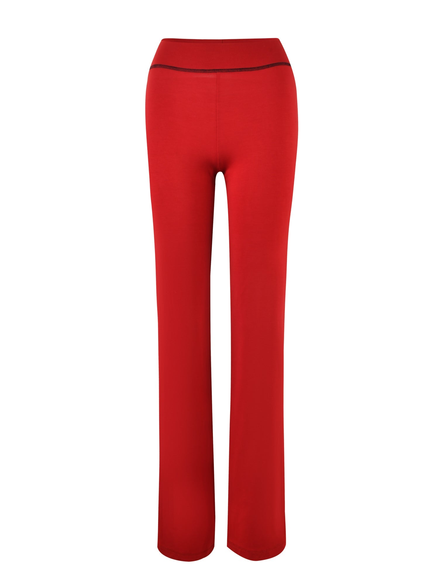 The BLARE TRACKPANT - RED from I.AM.GIA is a pair of high-waisted pants with a black waistband, featuring a straight leg design. Made from a soft, stretchy fabric, these pants are ideal for casual or athletic wear. They are displayed against a plain white background.