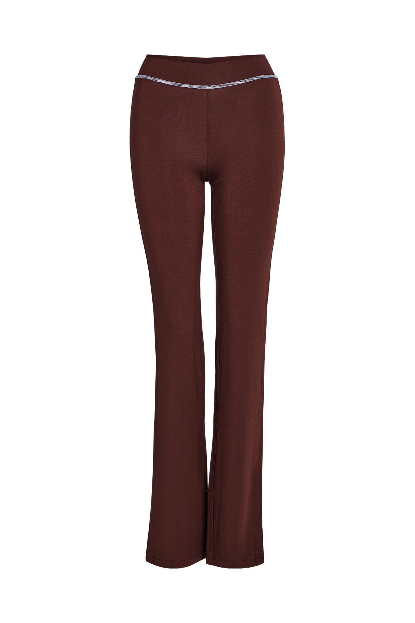 A pair of the BLARE TRACKPANT - BROWN women's pants from I.AM.GIA with a high waist and fitted design, featuring a slight flare at the bottom. The pants have a simple, sleek appearance with subtle seam detailing below the waistband.