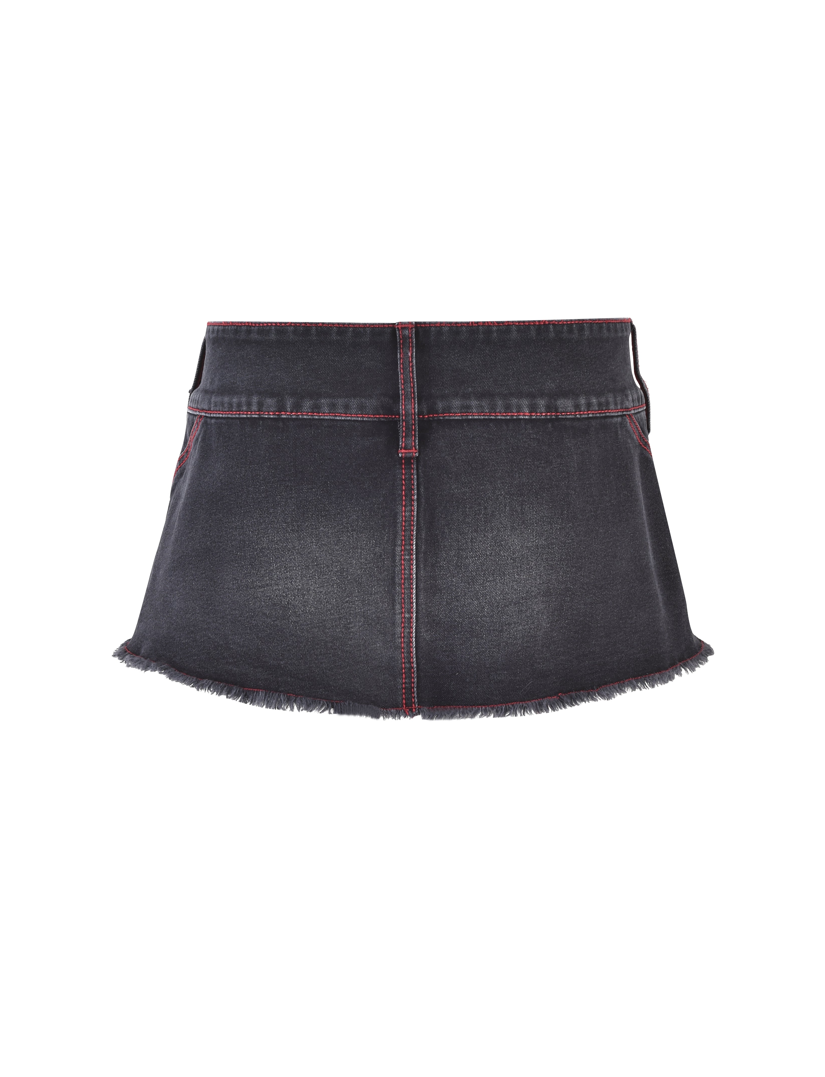 The NYKKO SKORT by I.AM.GIA is a high-waisted, dark denim mini skirt with striking red stitching. It features a frayed hem and has a single back pocket.