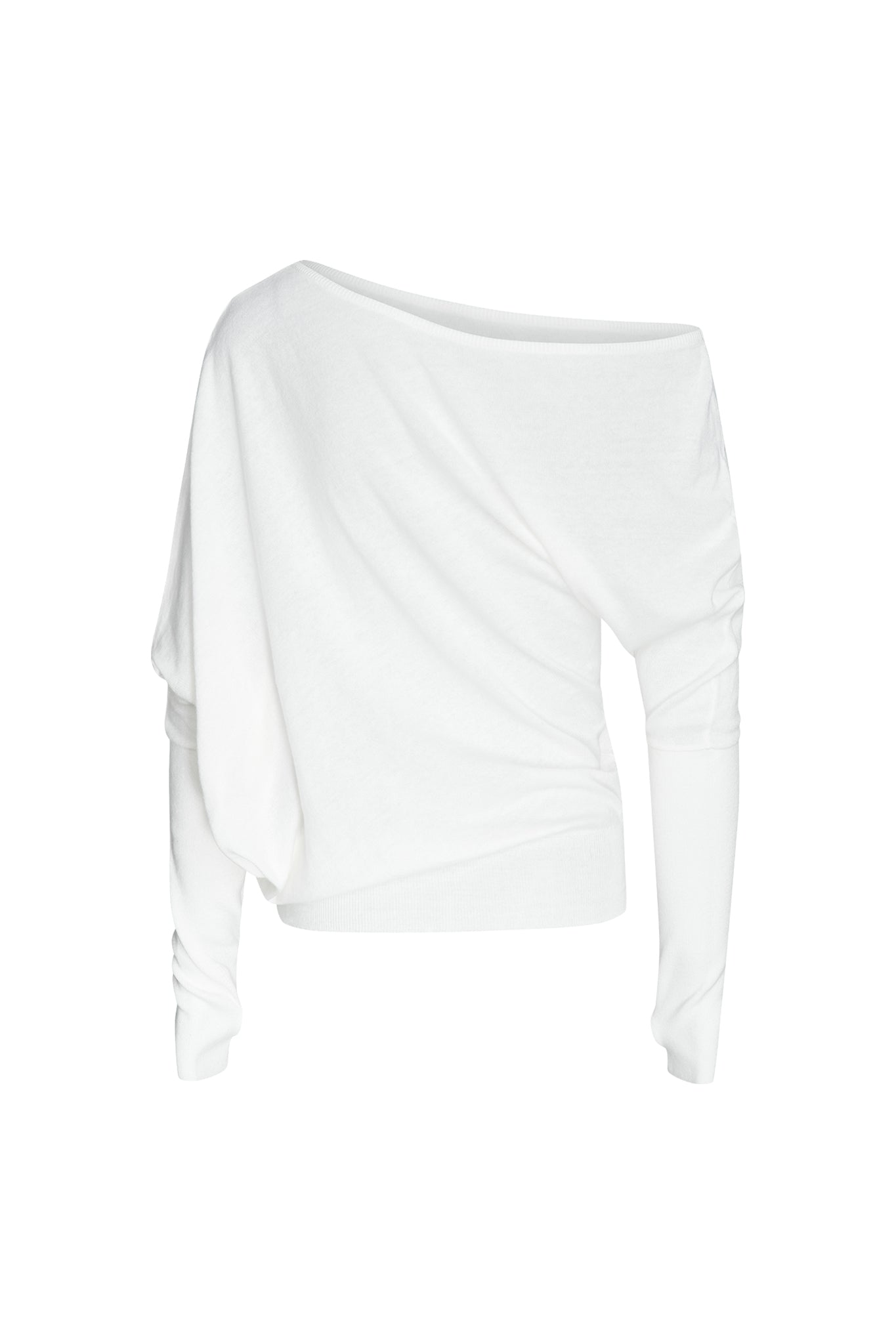 A white GISELLE TOP - WHITE : CREAM by I.AM.GIA, featuring a one-shoulder design with long sleeves and a relaxed, slightly draped fit. The soft and lightweight fabric makes it ideal for casual or semi-casual occasions. The top is displayed on a plain white background.