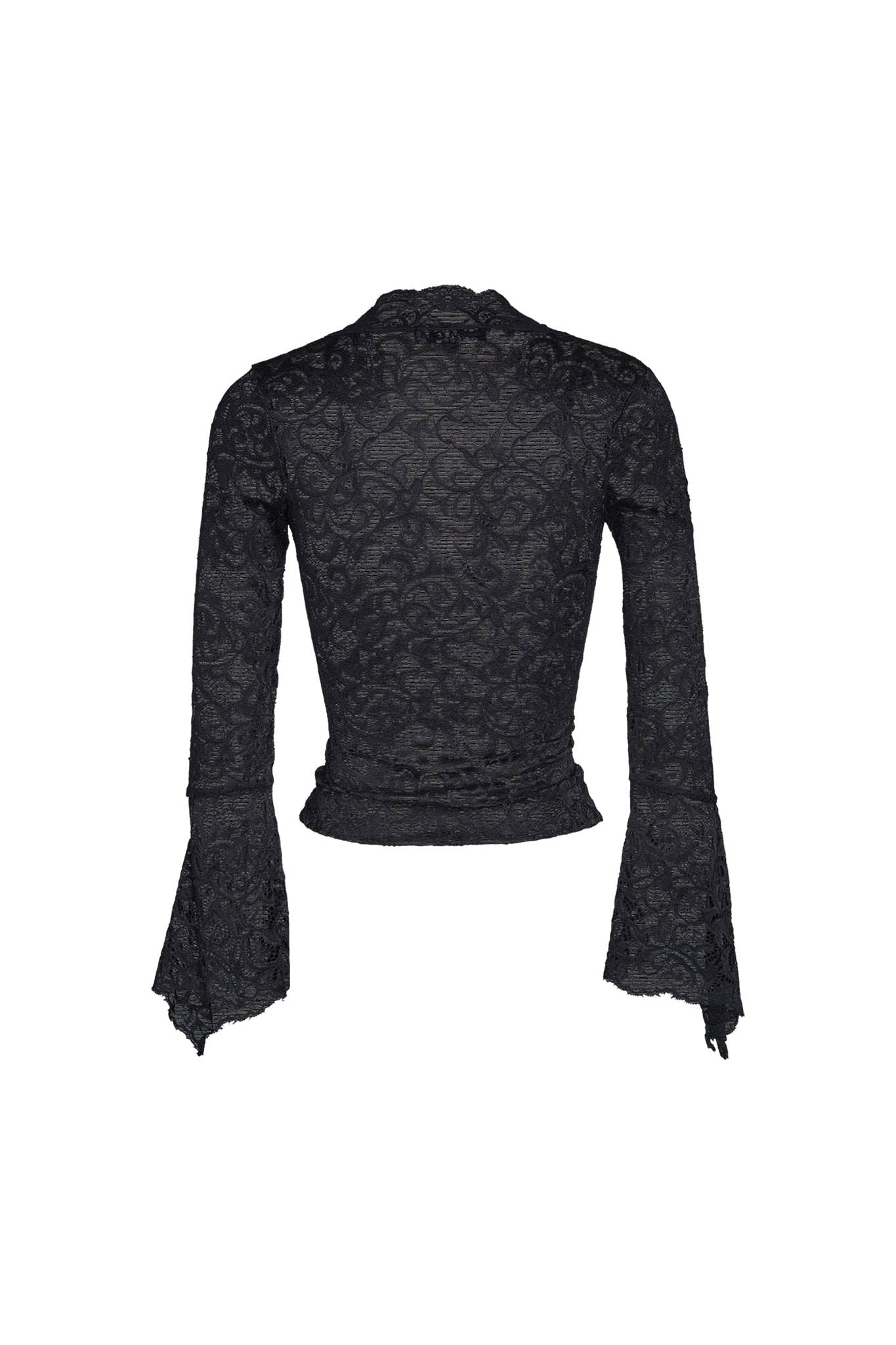A black GEMMA TOP by I.AM.GIA, featuring long sleeves with a floral lace pattern, bell sleeves with scalloped edges, and a fitted waist. The back view of the blouse is shown in the image.