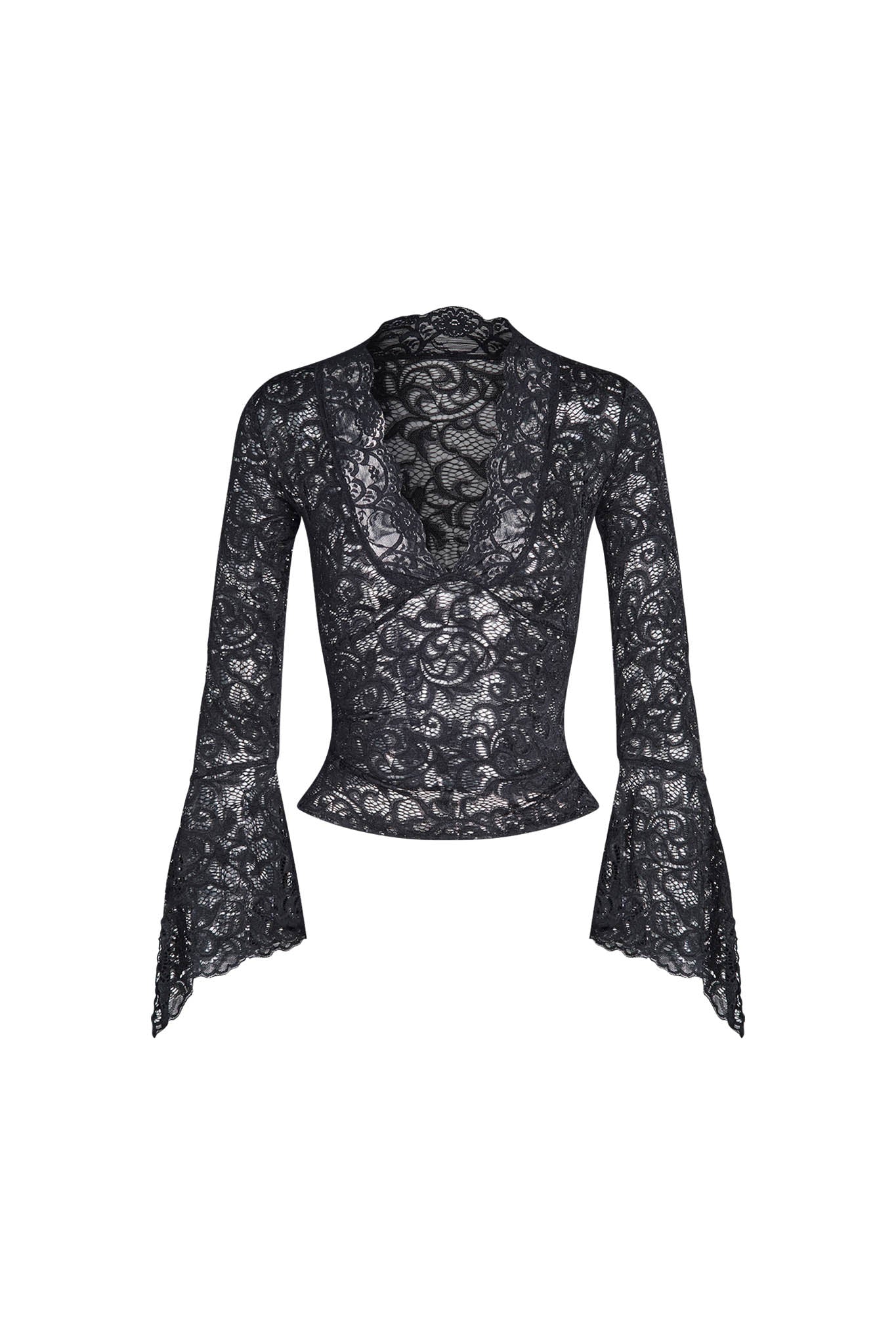 The GEMMA TOP - BLACK from I.AM.GIA features long, flared sleeves and a deep V-neckline. The fabric has a floral pattern that showcases its intricate and delicate design. This blouse is fitted to the waist, accentuating a feminine silhouette.
