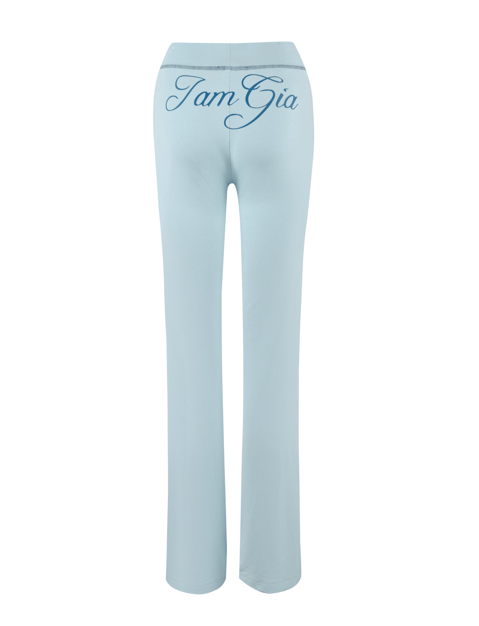 The BLARE TRACKPANT in baby blue by I.AM.GIA is high-waisted with "I.AM.GIA" in bold blue script on the back waistband and features a chic, flared leg silhouette.