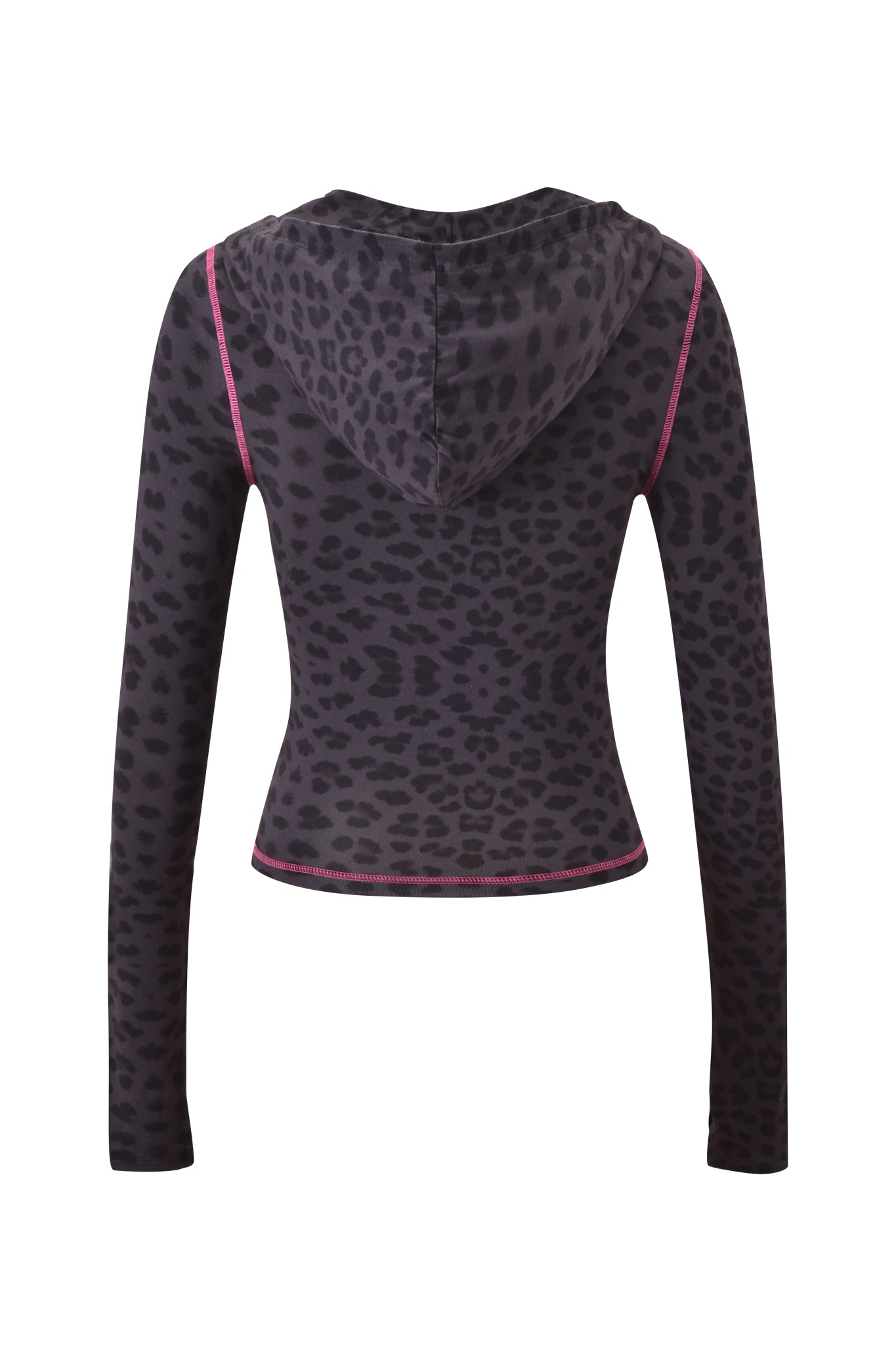 The I.AM.GIA BLARE HOODIE - PANTHER has a bodycon fit, long sleeves, black and dark gray leopard print, pink seams, and a cropped hem. Shown from the back against a plain white background.