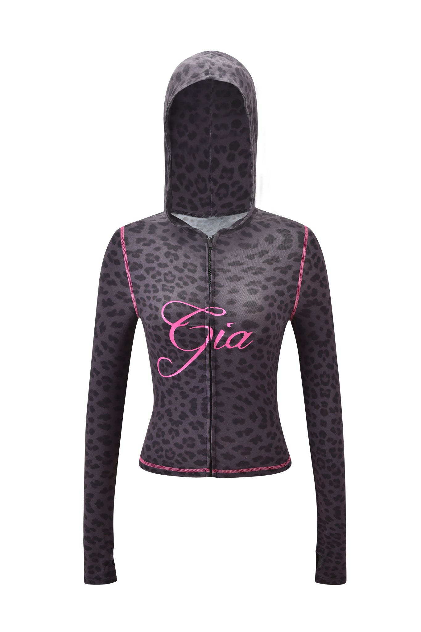 The BLARE HOODIE - PANTHER by I.AM.GIA showcases a bodycon fit, long sleeves, zip-up front, gray and black leopard print with pink trim, and "Gia" in pink script. Displayed on a white background.