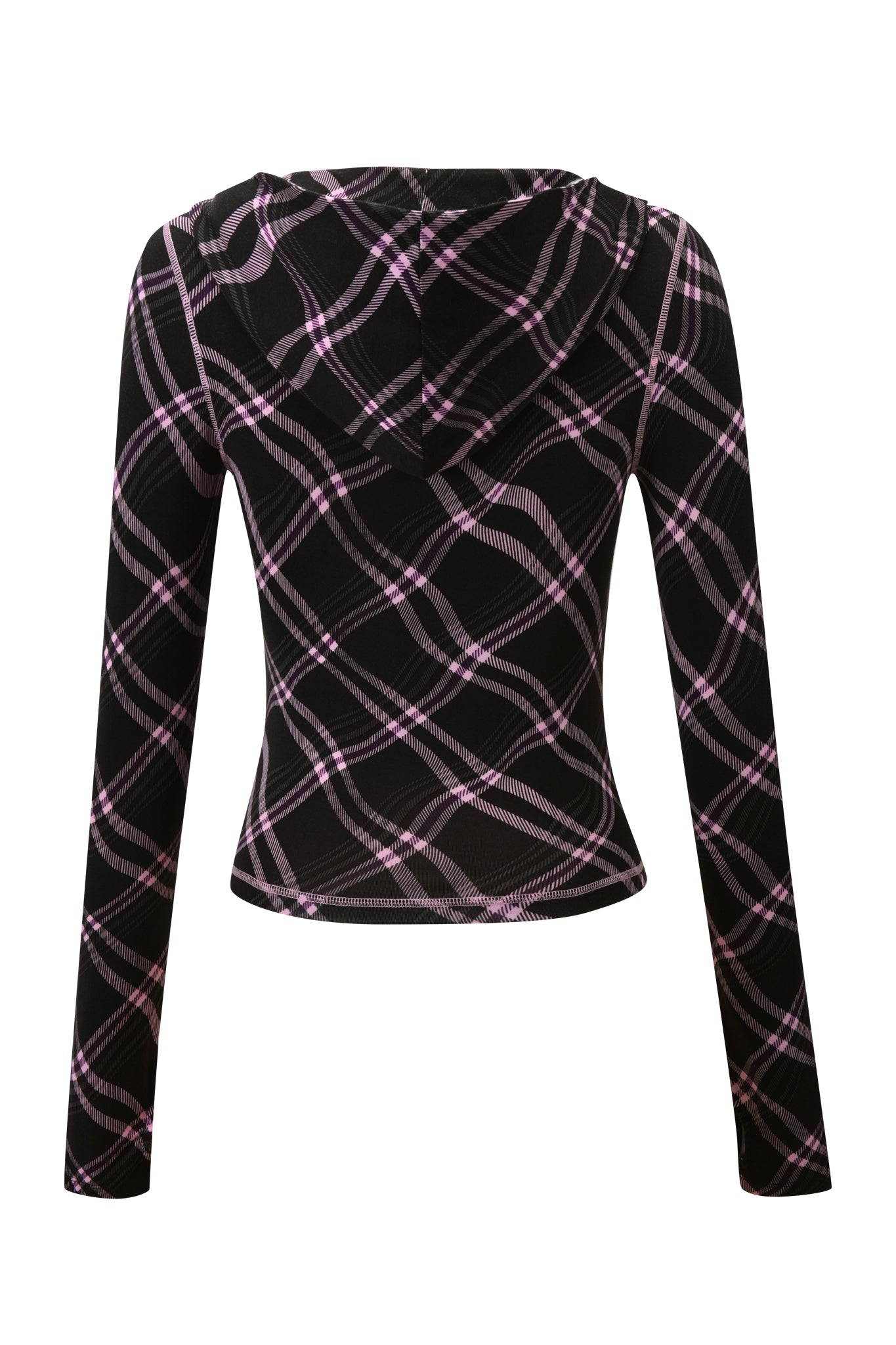 The I.AM.GIA BLARE HOODIE - BLACK WARPED PLAID is a women’s long-sleeve hoodie with an all-over pink and white plaid pattern, shown from the back.