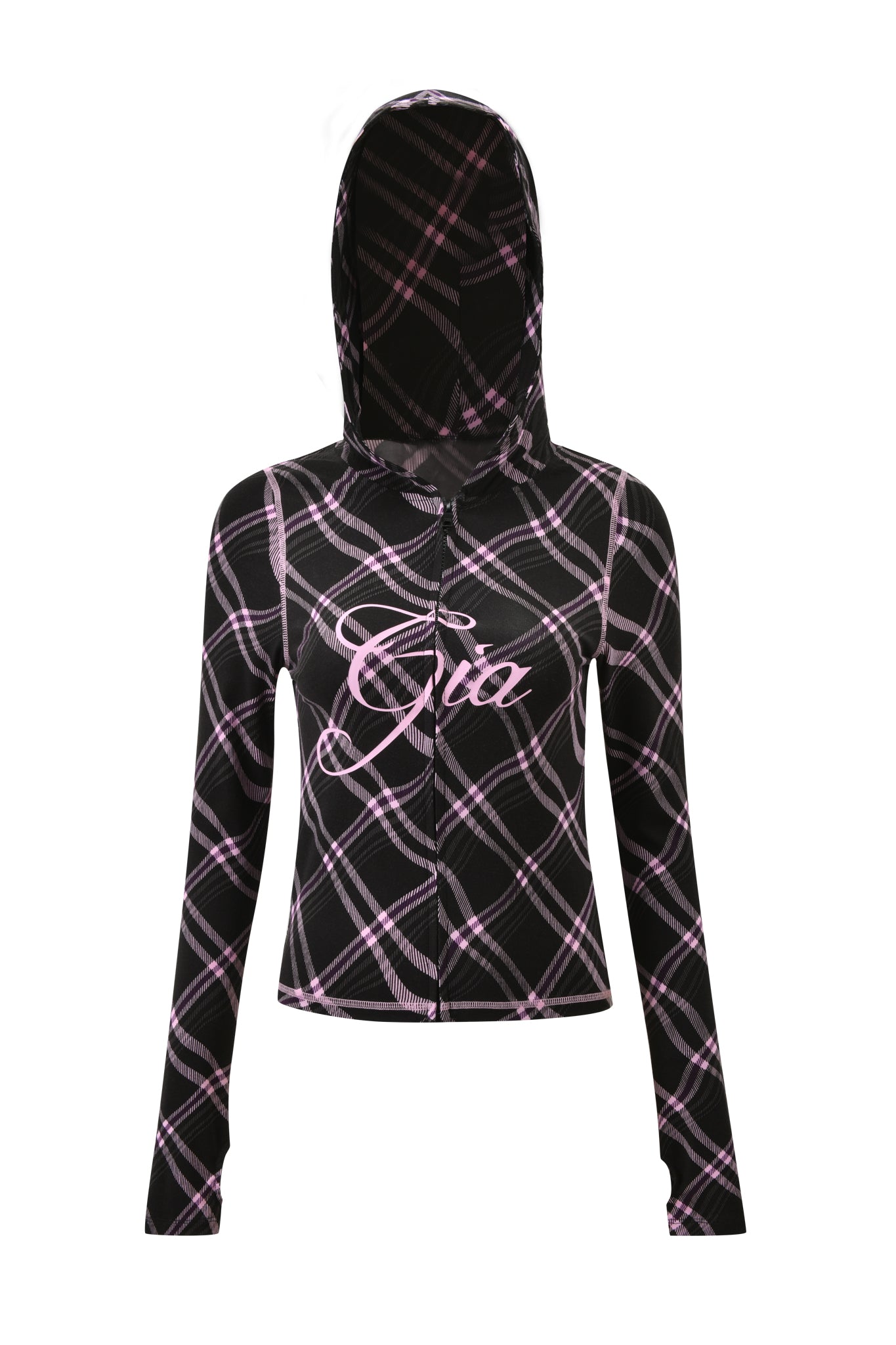 The BLARE HOODIE - BLACK WARPED PLAID by I.AM.GIA is a black women's plaid bamboo hoodie with pink and white checks, featuring "Gia" in cursive on the chest and shown against a plain white background.
