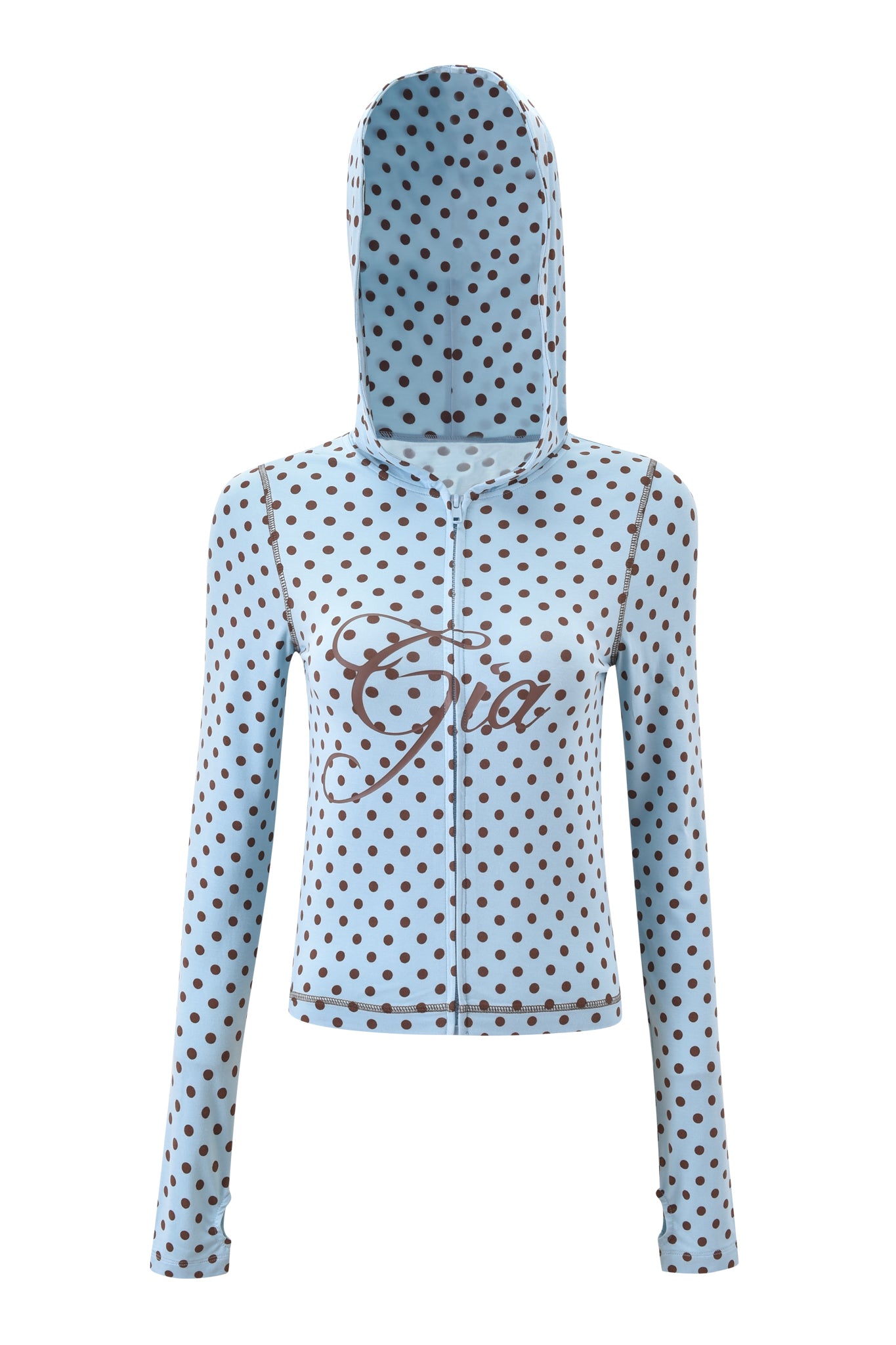The BLARE HOODIE - BLUE POLKA DOT by I.AM.GIA features brown polka dots and "Gia" in brown script on the front. Made from soft bamboo fabric with long sleeves, it’s shown against a white background.