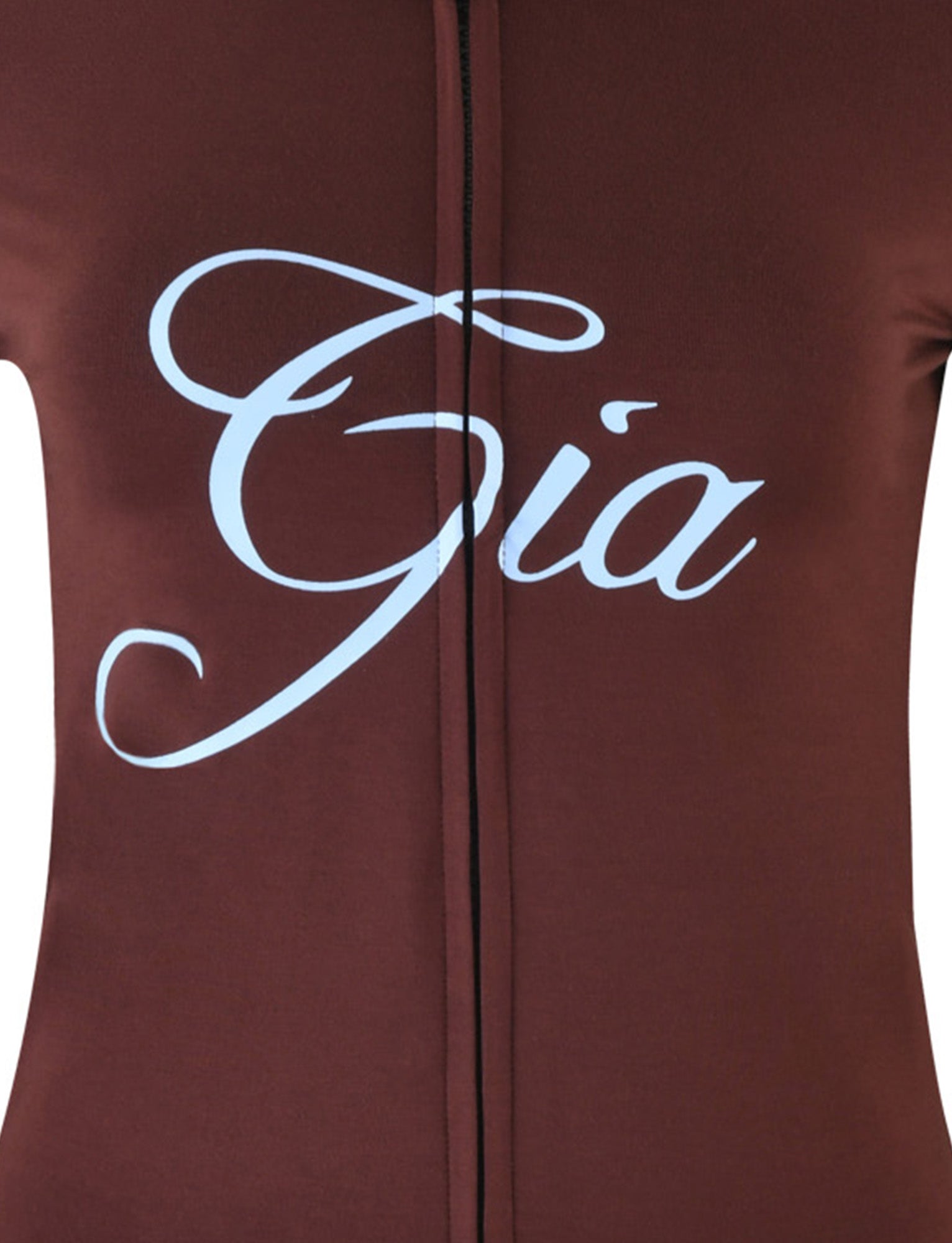 Close-up of the BLARE HOODIE - BROWN from I.AM.GIA, with the word "Gia" written in large, elegant script in light blue or white color, prominently displayed on the fabric. The plain and uniform background highlights the I.AM.GIA scripted text.