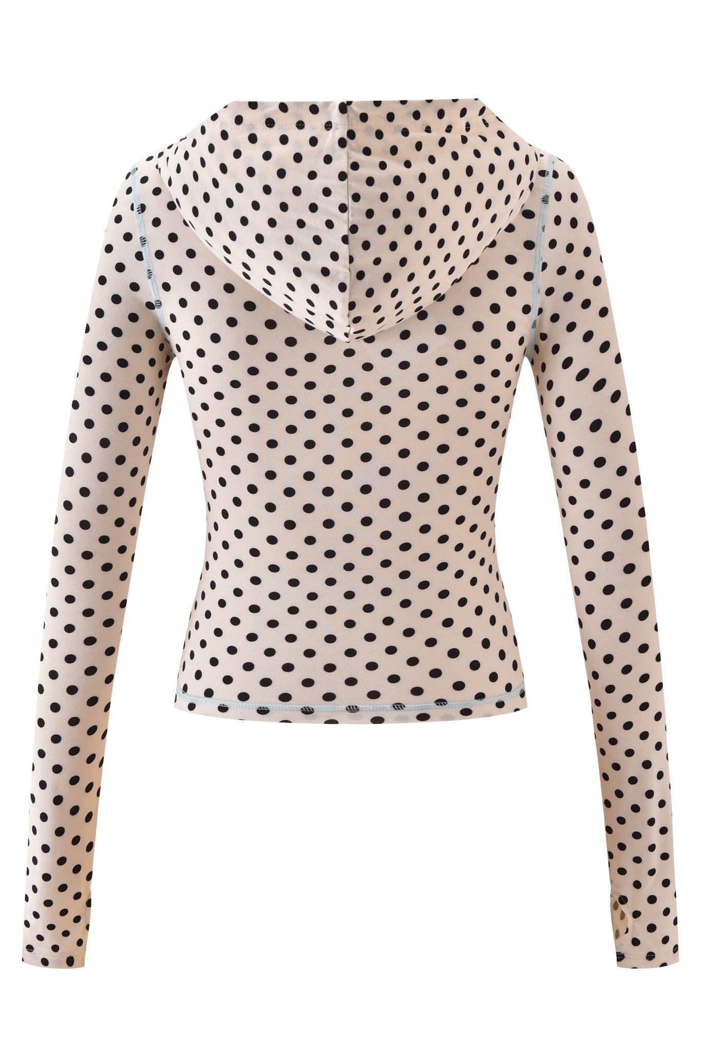 The BLARE HOODIE - CREAM POLKA DOT by I.AM.GIA showcases a beige long-sleeve design with playful polka dots, seen from the back. Made from lightweight viscose jersey, it provides a fitted and comfy silhouette.