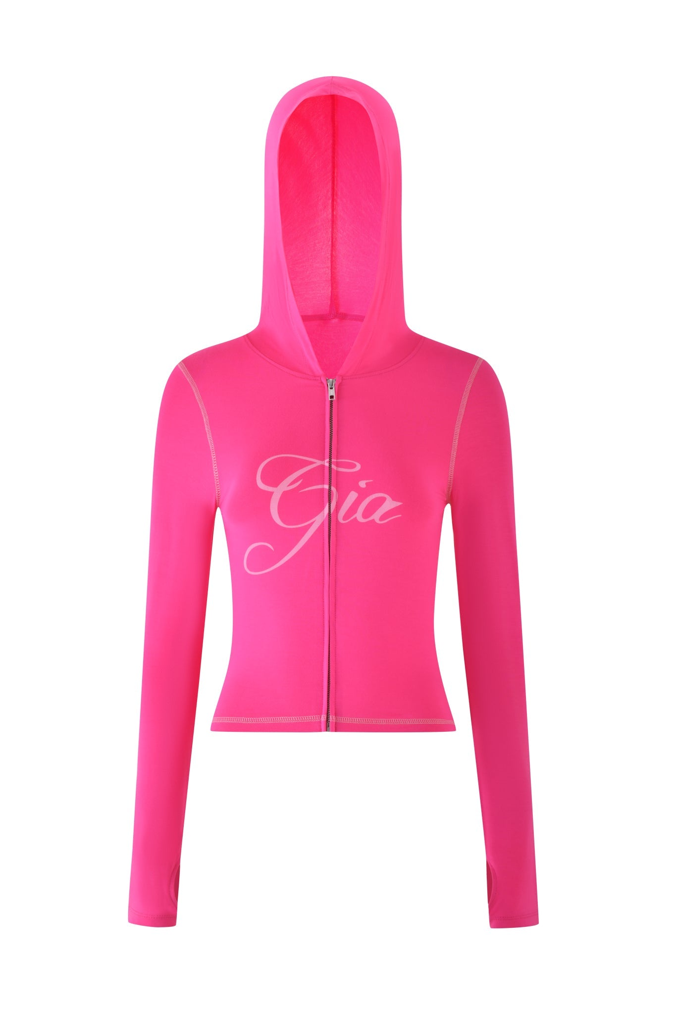The I.AM.GIA Blare Hoodie in hot pink is a vibrant hooded jacket with a front zipper, showcasing the word "Gia" elegantly scripted in white on the chest.