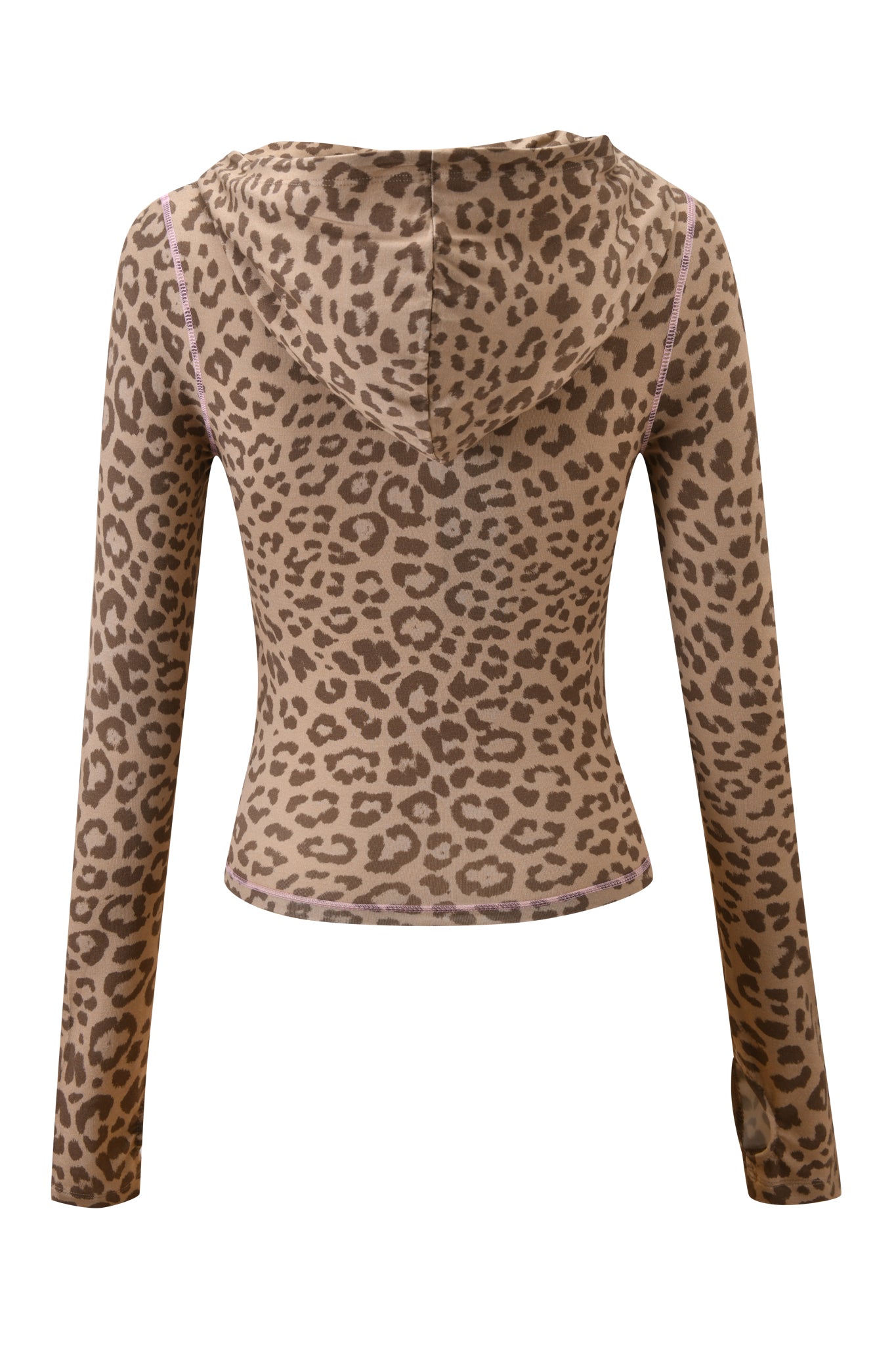 The BLARE HOODIE - MOCHA LEOPARD by I.AM.GIA is a fitted, long-sleeve hoodie with an all-over mocha leopard print, shown from the back.