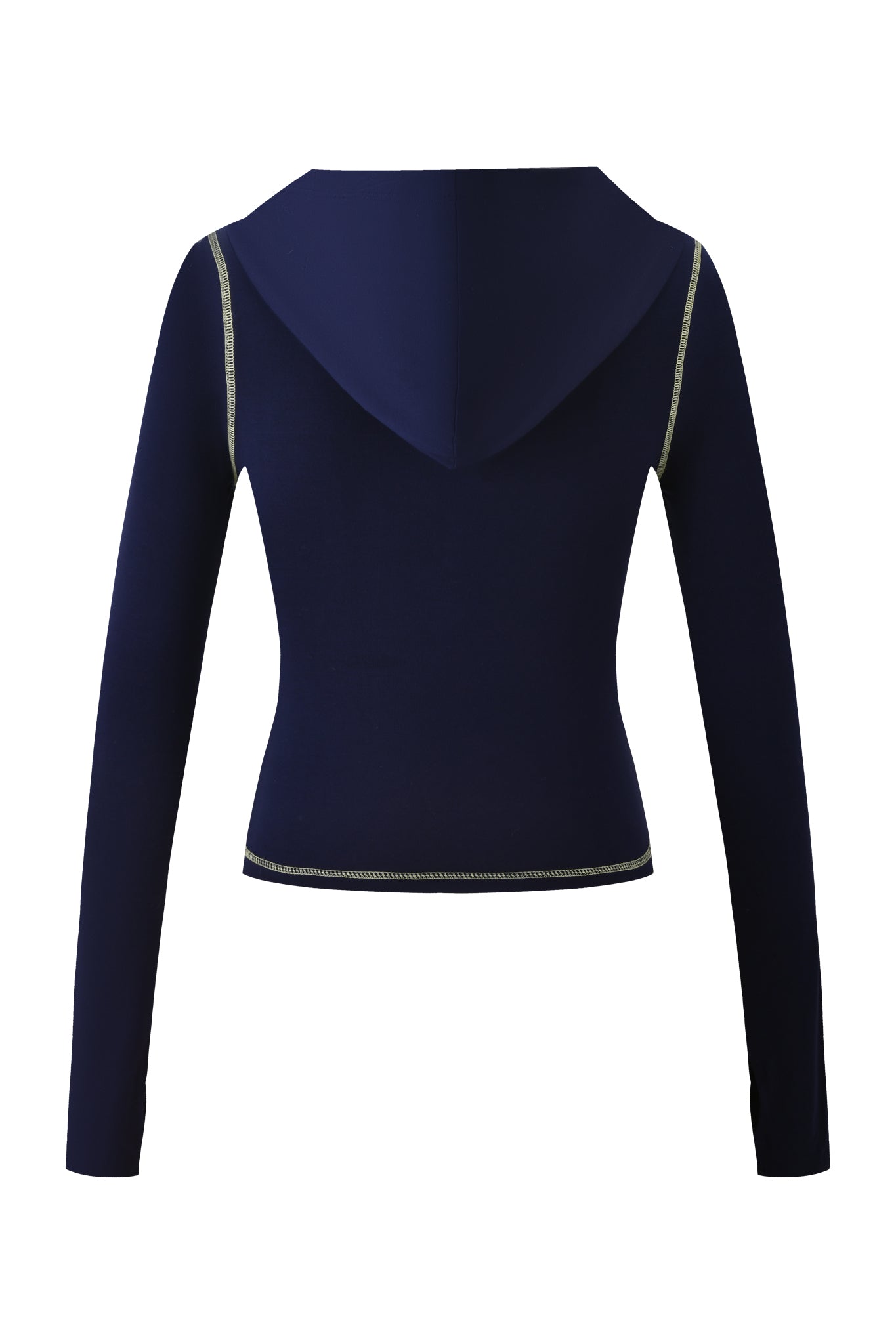 The I.AM.GIA BLARE HOODIE - NAVY is shown from the back, featuring long sleeves, a bodycon fit, and light seam stitching on the shoulders, sleeves, and hem against a white background.