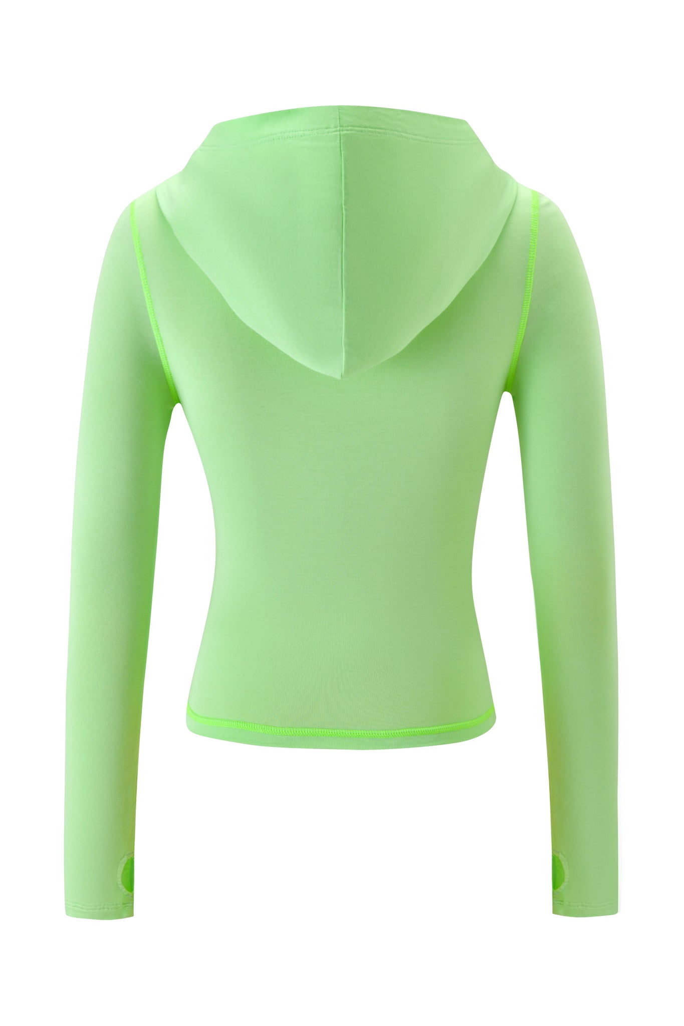 A back view of the I.AM.GIA BLARE HOODIE - NEON GREEN, featuring a fitted design, long sleeves with thumb holes, hood, and subtle GIA logo, displayed against a white background.